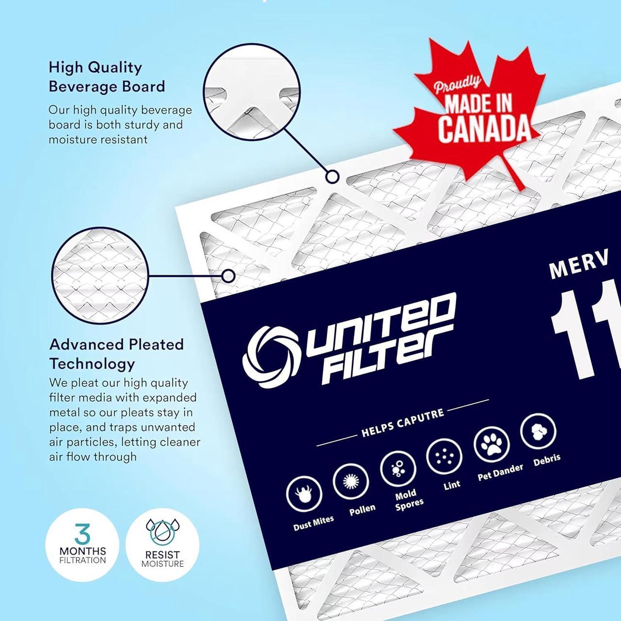 United Filter 16x25x1 MERV 11 Furnace Filters - (Case of 12) HVAC Filters Captures Bacteria, Airborne Dust, Pollen, Mould Spores & Smoke - Replacement Air Filters Made in Canada