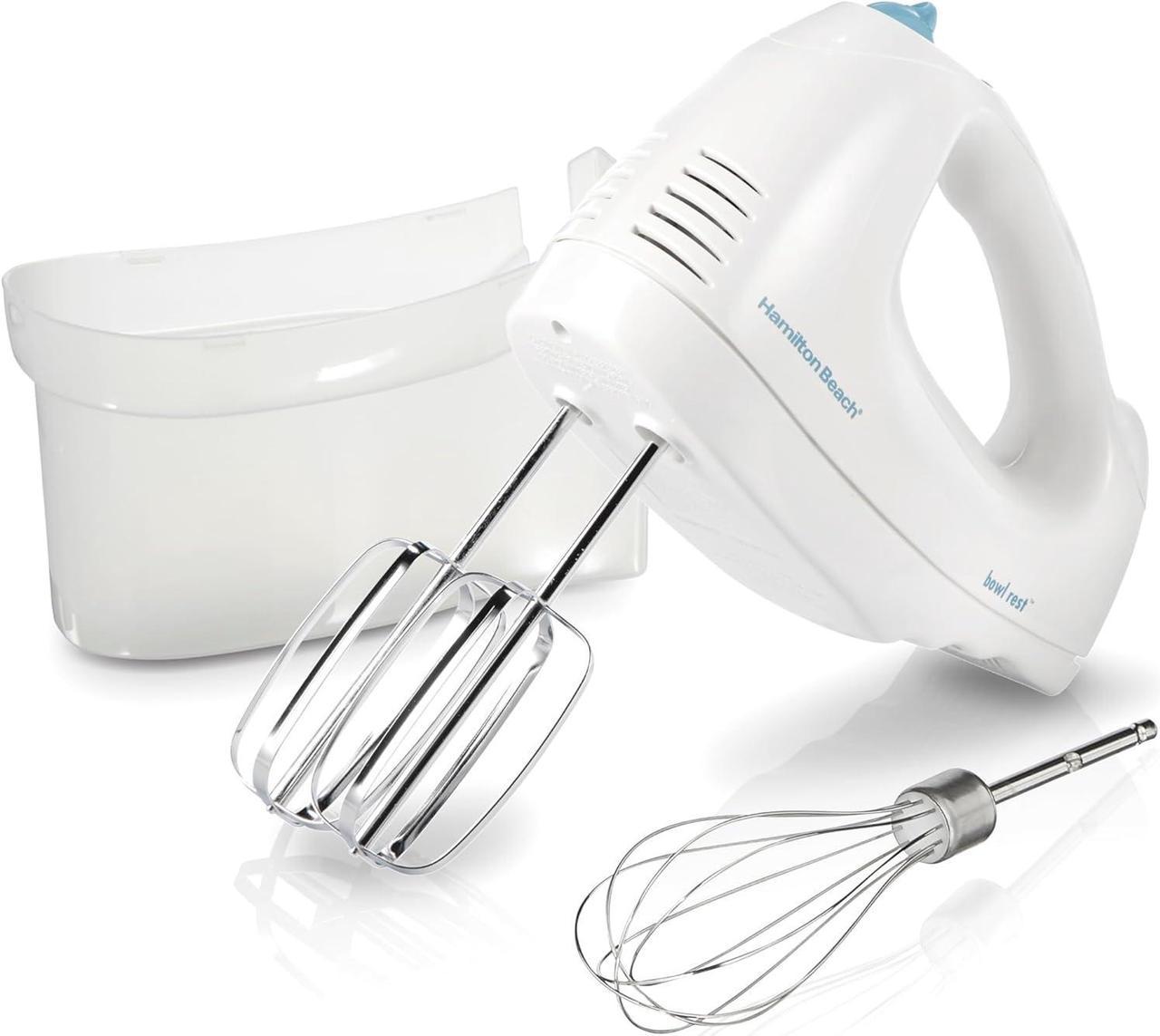 Hamilton Beach 6-Speed Electric Hand Mixer with Whisk, Traditional Beaters, Snap-On Storage Case, White