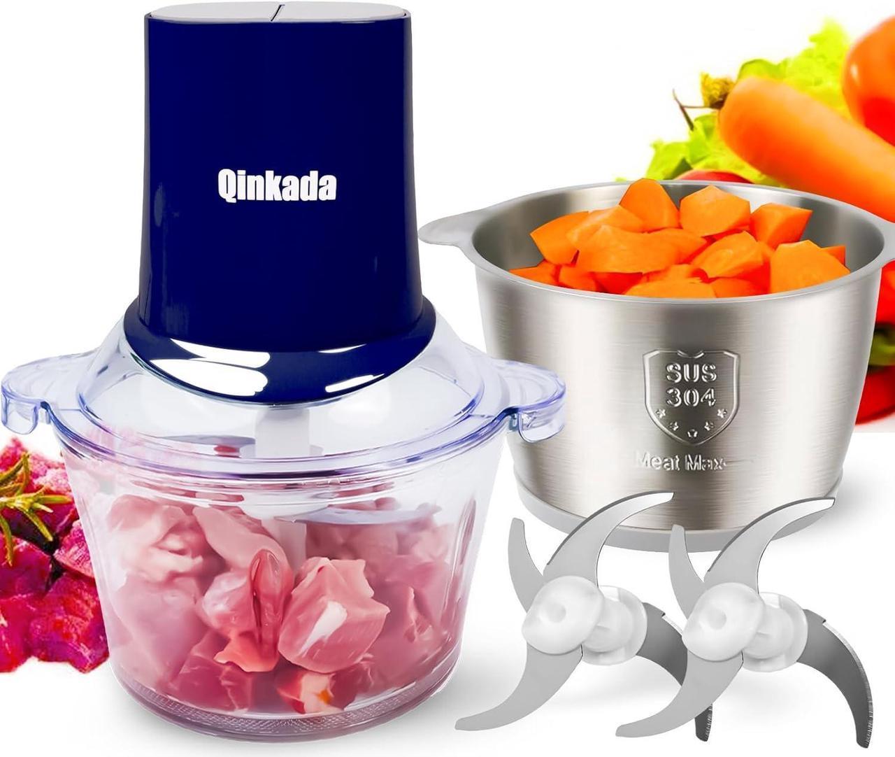 Qinkada Food Processors with 2 Bowls, 400W Meat Grinder, Food Chopper Electric, 2 Speed, 8Cup Glass and 8Cup 304 Stainless Steel, 2 Blades, Spatula (Blue)