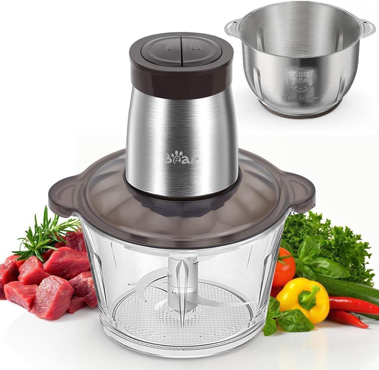 Bear 600W Electric Food Processors & Chopper, 2L Glass Container & 1.8L 304 Stainless Steel Container, 2 Speed Settings for Kitchen Cutter for Vegetable, Onion, Garlic, Meat, Nuts and Baby Food