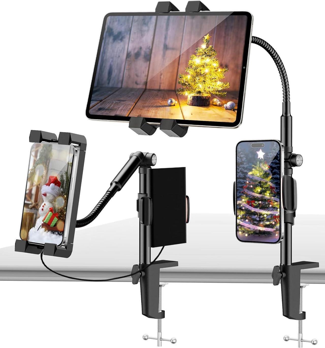 Gooseneck Tablet Stand with 2 Holders 360° Adjustable iPad Stand for Desk Bed Bedside Phone Mount for Video Recording Compatible with iPad Pro 12.9, iPad Air, Switch and All 4-13in Tablets and Phones