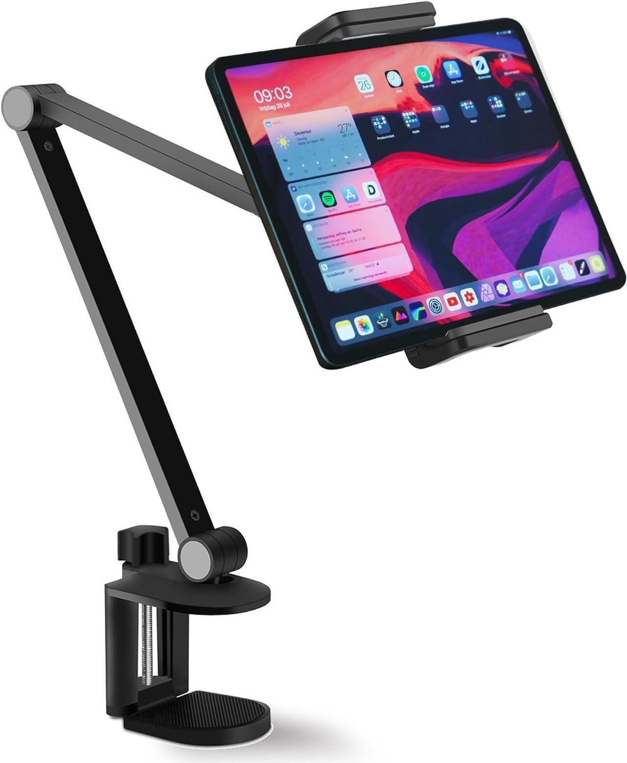 iPad Stand Holder Mount, Aluminum Long Arm Tablet Clamp Mount for Desk, 360° Swivel Phone Holder for Bed, Compatible with 4.5-13inch Mobile Phone and Tablet  Black