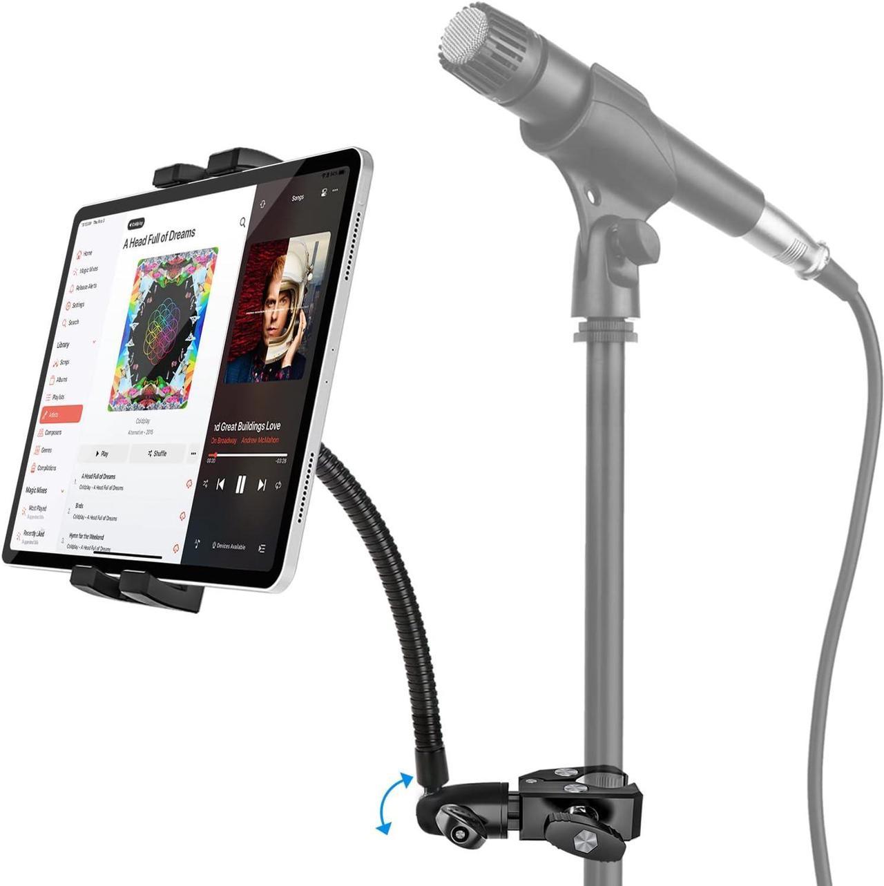 Gooseneck Tablet Mic Stand, woleyi Phone iPad Holder for Microphone Stand [Metal Arm Clamp] 360° Swivel Tablets Music Mount, Compatible with iPad Pro 12.9 Air Mini, iPhone, Galaxy Tabs, 4-13" Devices