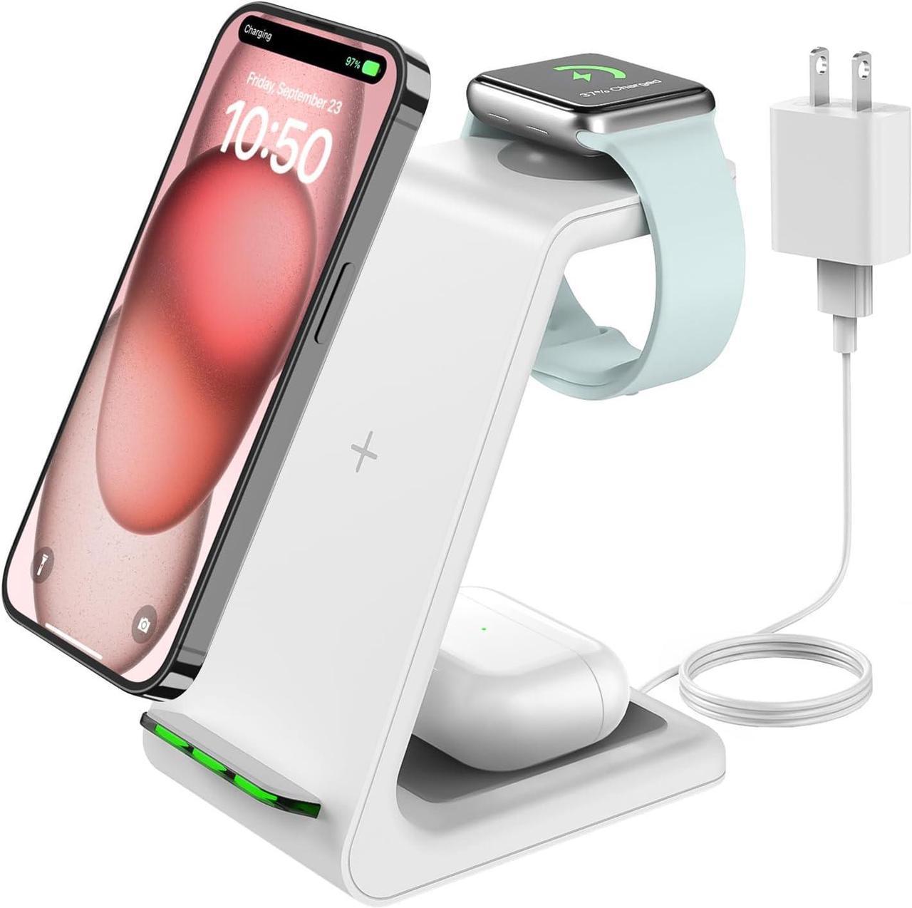 Wireless Charging Stand, GEEKERA 3 in 1 Wireless Charger Dock Station for iPhone 15/14 Pro Max/14 Pro/14 Plus/13/12/11/X/8 Series, Apple Watch Ultra/SE/8/7/6/5/4/3/2, AirPods Pro/3/2