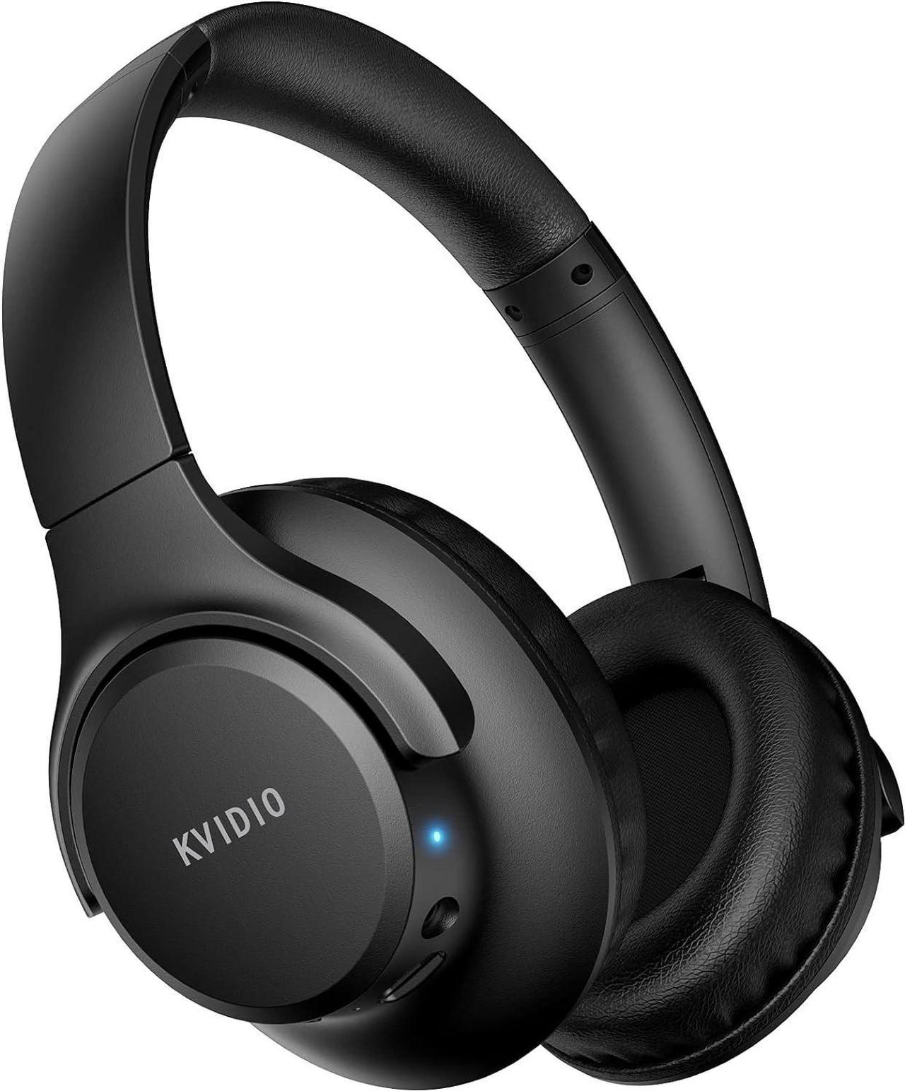 Bluetooth Headphones Over Ear, KVIDIO 65 Hours Playtime Wireless Headphones with Microphone, Foldable Lightweight Headset with Deep Bass,HiFi Stereo Sound for Travel Work Laptop PC Cellphone (Black)