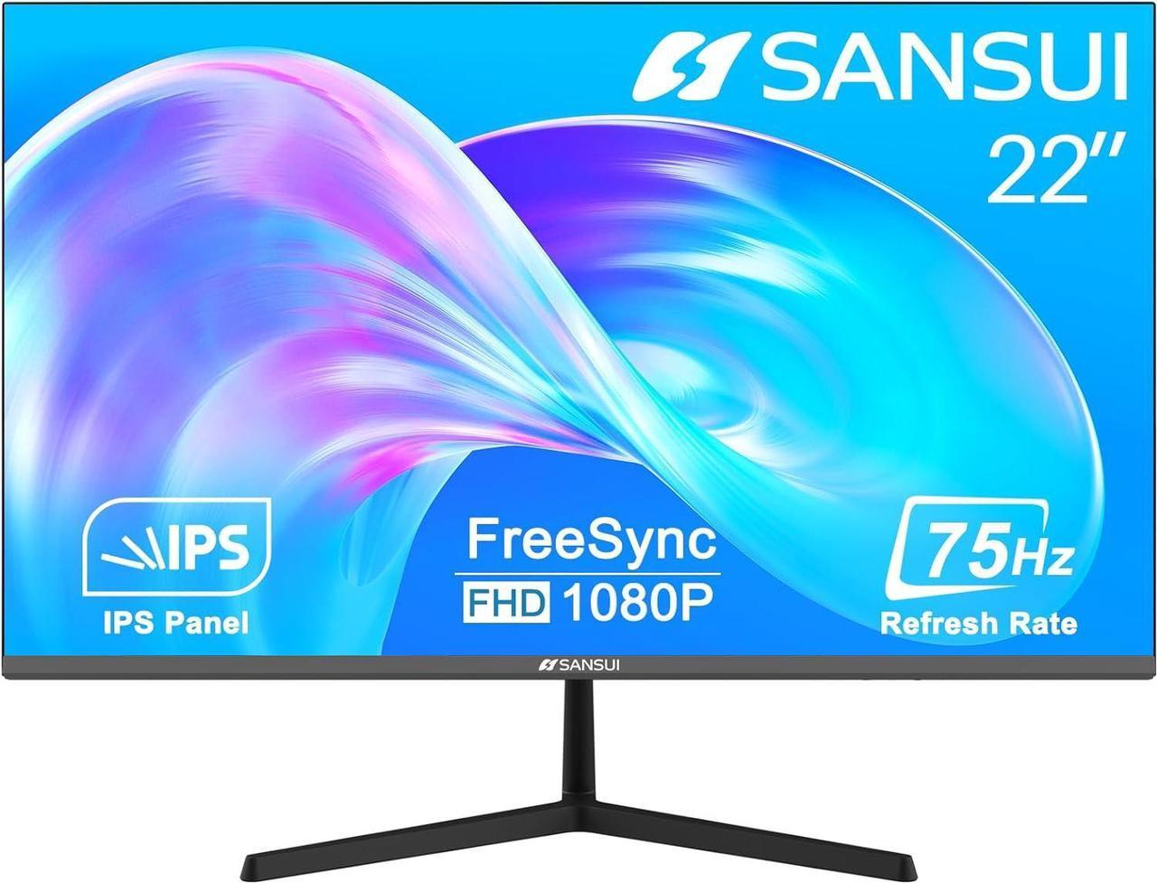 SANSUI Monitor 22 Inch IPS 75Hz FHD 1080P Freesync HDMI VGA Ports Computer Monitor Ultra-Thin Tilt Adjustable VESA Mount Eye Care for Game and Office(ES-22X3 HDMI Cable Included)