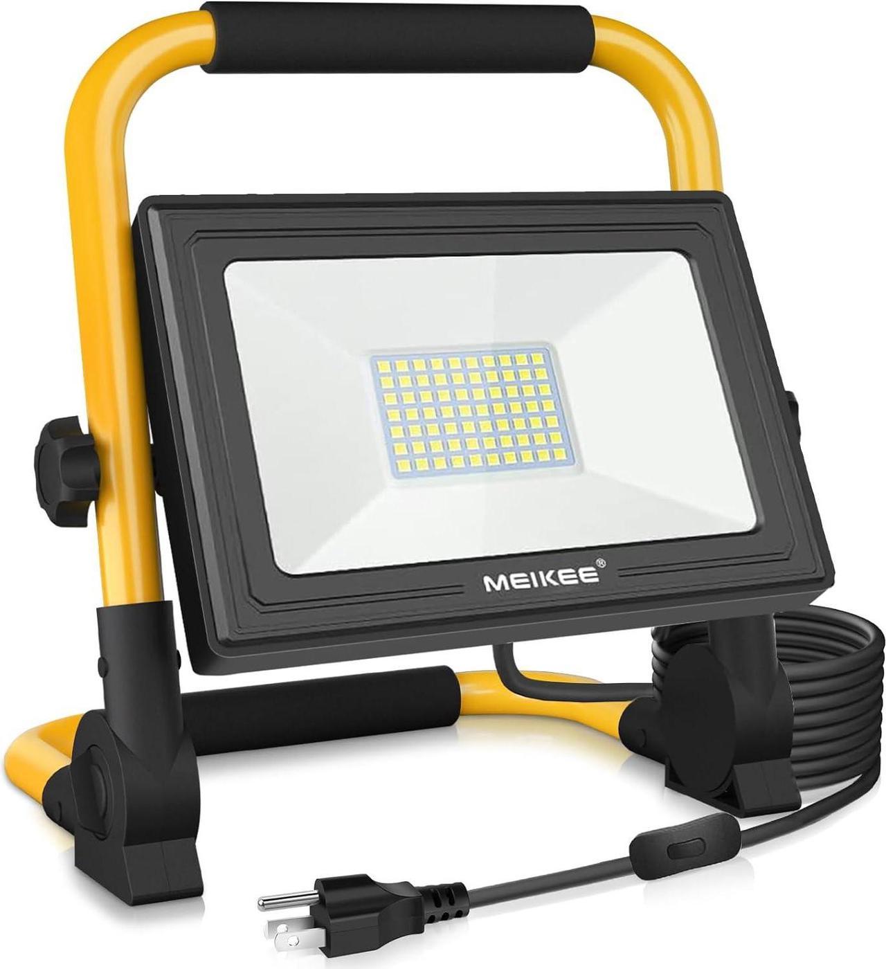 MEIKEE 60W LED Work Light, 5200LM High Bright Flood Lights, 5000K Natural White Light IP66 Waterproof Outdoor Portable Job Site Work Light with Stand for Workshop, Construction Site, Garage