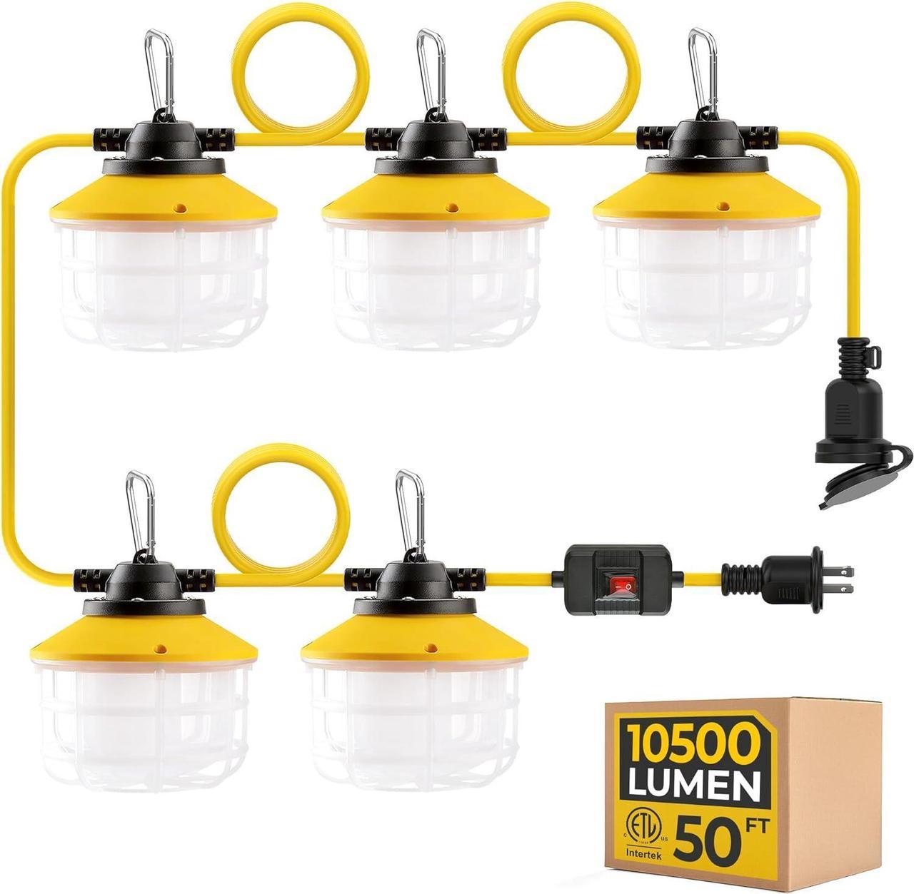 HYANGLUX Outdoor Construction LED String Lights with Switch: 50FT 75w 10500lm ETL Certified Super Bright Industrial Temporary Lighting Hanging IP65 Waterproof Work Light for Attic Jobsite Garage