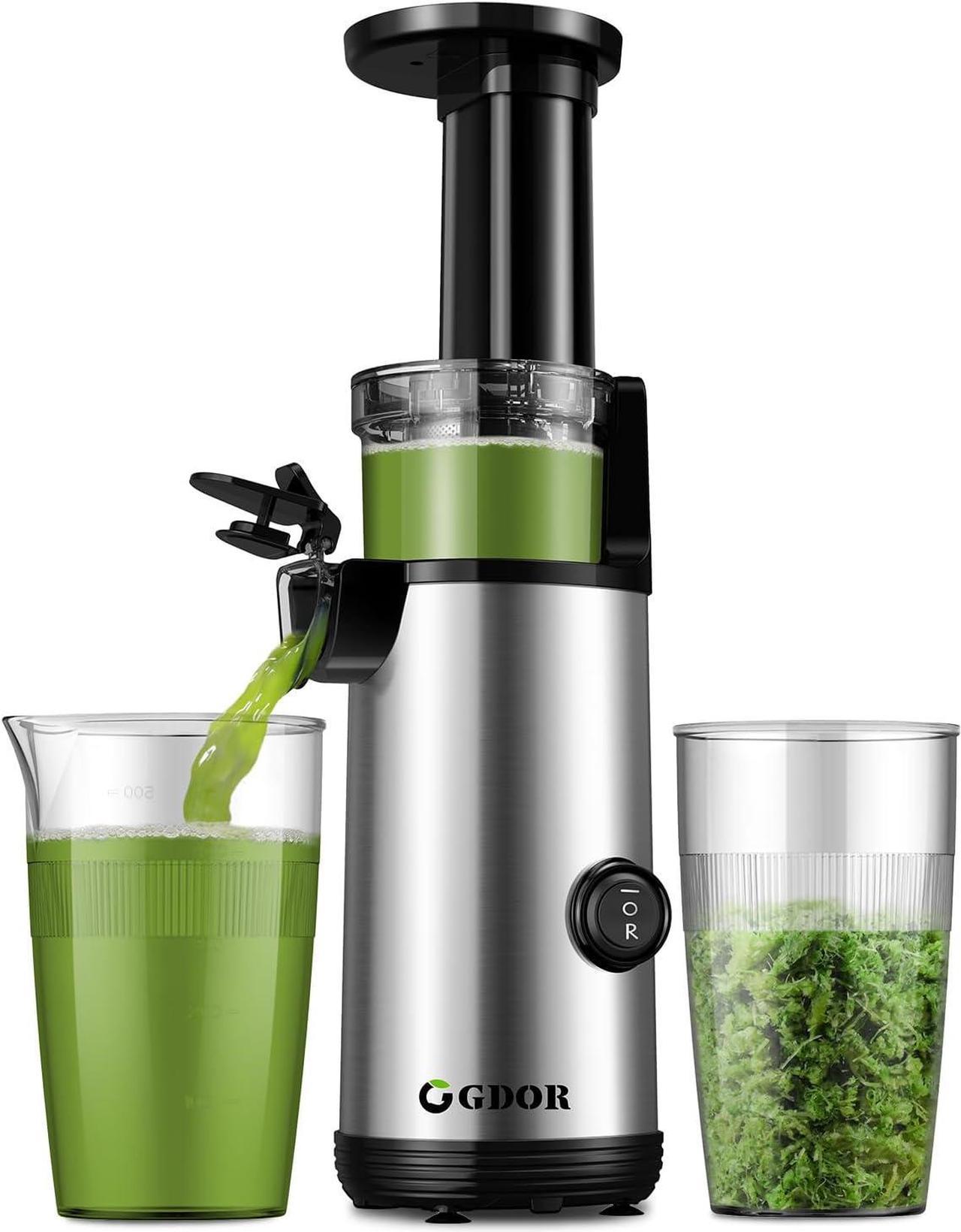 GDOR Compact Slow Juicer Machine 2.0, Space-Saving Cold Press Juicer with Powerful 60NM DC Motor, Low Noise Masticating Juicer Extractor, Easy to Clean, Brush Included, 20 Oz Juice Cup, BPA-Free