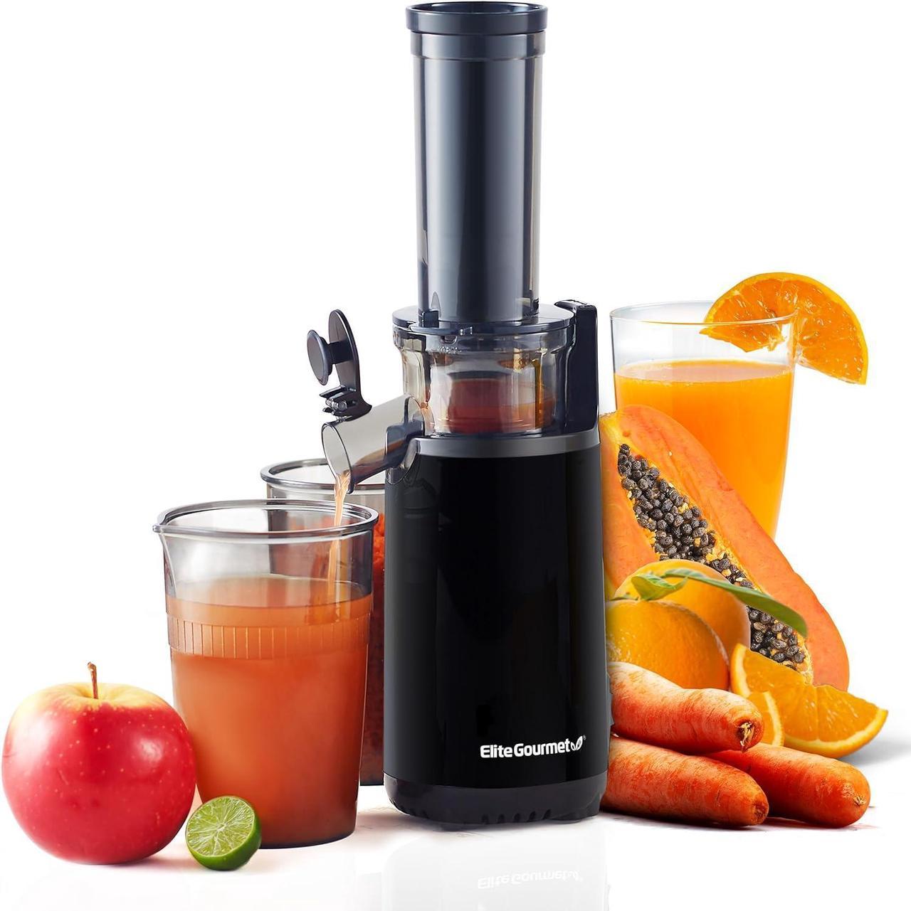 Elite Gourmet EJX600 Compact Small Space-Saving Masticating Slow Juicer, Cold Press Juice Extractor, Nutrient and Vitamin Dense, Easy to Clean, 16 oz Juice Cup, Charcoal Grey