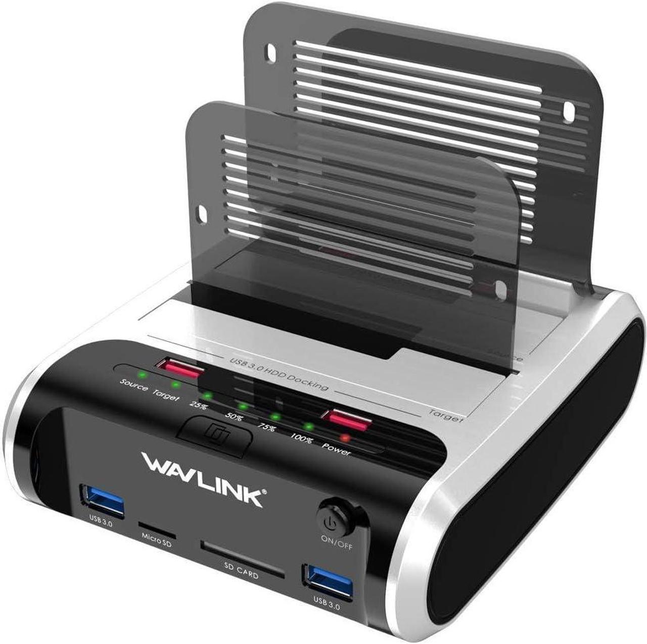 WAVLINK USB 3.0 to SATA Dual Bay External Hard Drive Docking Station Case with Offline Clone Duplicate Function for 2.5/3.5 in SATA HDD SSD, 5V/2.4A Fast Charger and TF&SD Card Reader (2X 10TB)