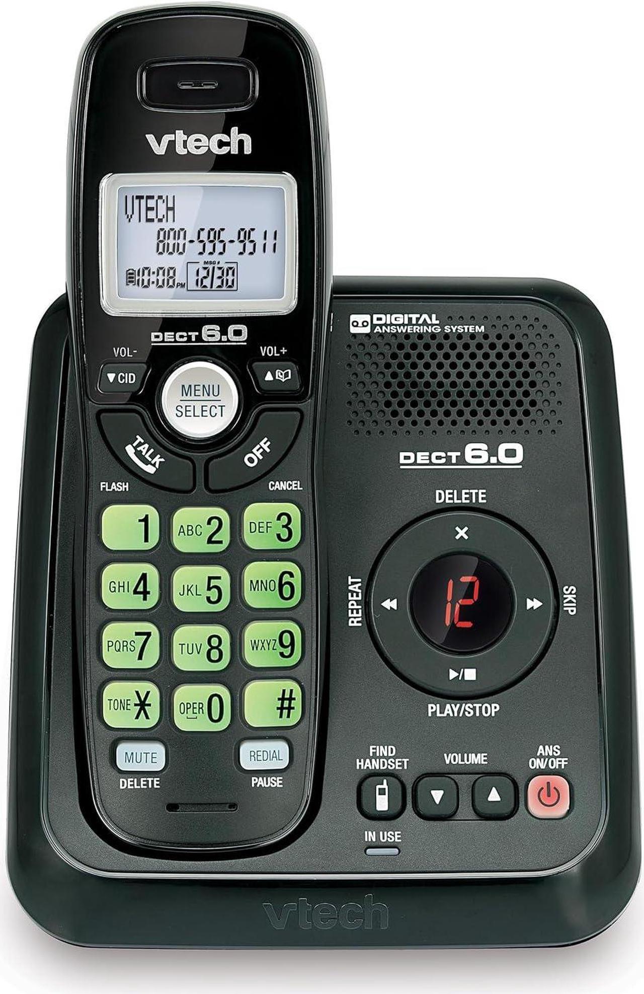 Vtech Dect 6.0 Single Handset Cordless Phone System with Digital Answering Machine and Green Backlit Keypad and Display (CS6124-11)