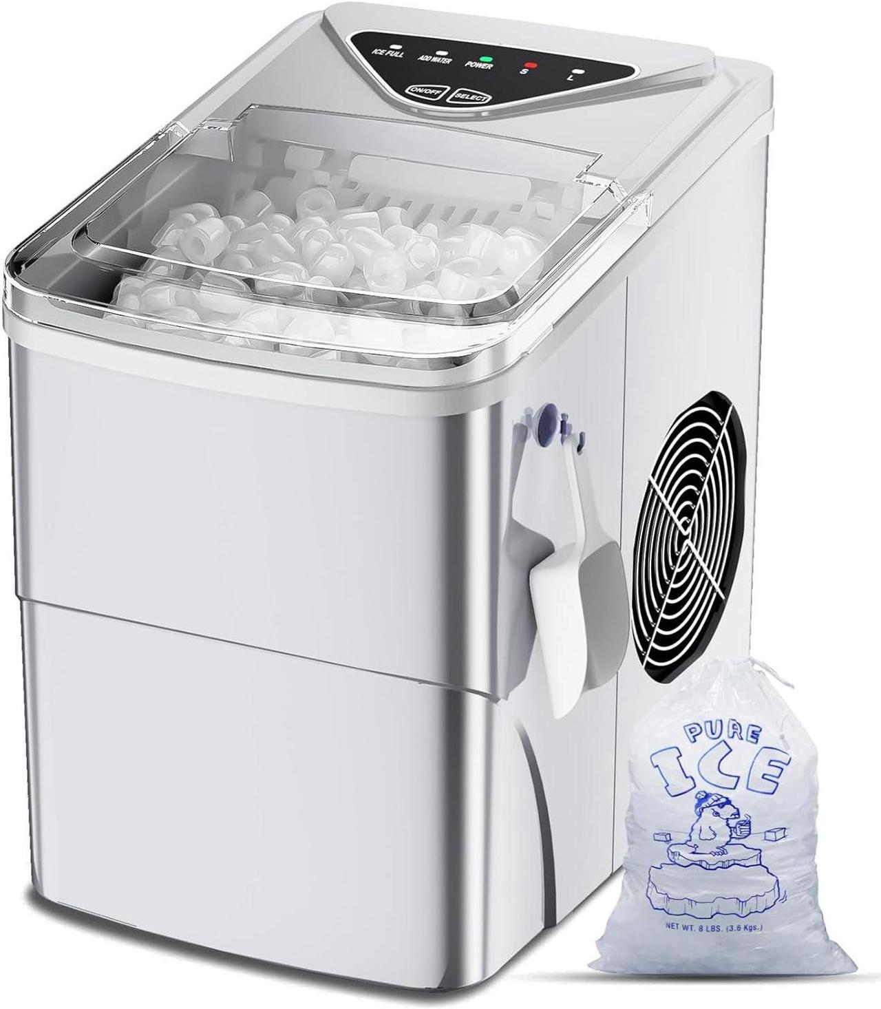 Ice Maker,Self-Cleaning Ice Machine,26lbs in 24 Hrs Countertop Ice Maker, 2L Water Tank Low Noise,9 Bullet Cubes 6 Mins, Machine A Glace with Ice Bags, Ice Spoon, Ice Basket(Silver)