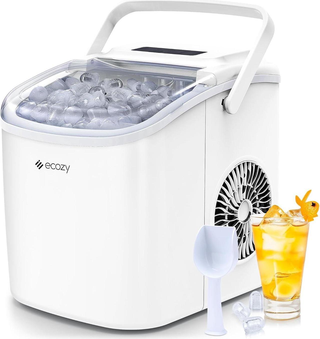 ecozy Portable Ice Maker Countertop, 9 Cubes Ready in 6 Mins, 26 lbs in 24 Hours, Self-Cleaning Ice Maker Machine with Ice Bags/Standing Ice Scoop/Ice Basket for Camping Party, White