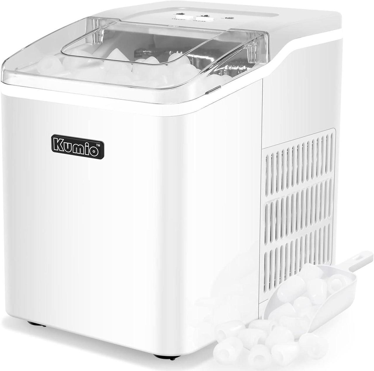 KUMIO Ice Maker Portable Countertop, Compact Ice Maker Machine, 26lbs in 24hrs, 9 Bullet Ice Cubes Ready in 8 Mins, Low Noise Self-Cleaning Ice Machine with Ice Scoop, White