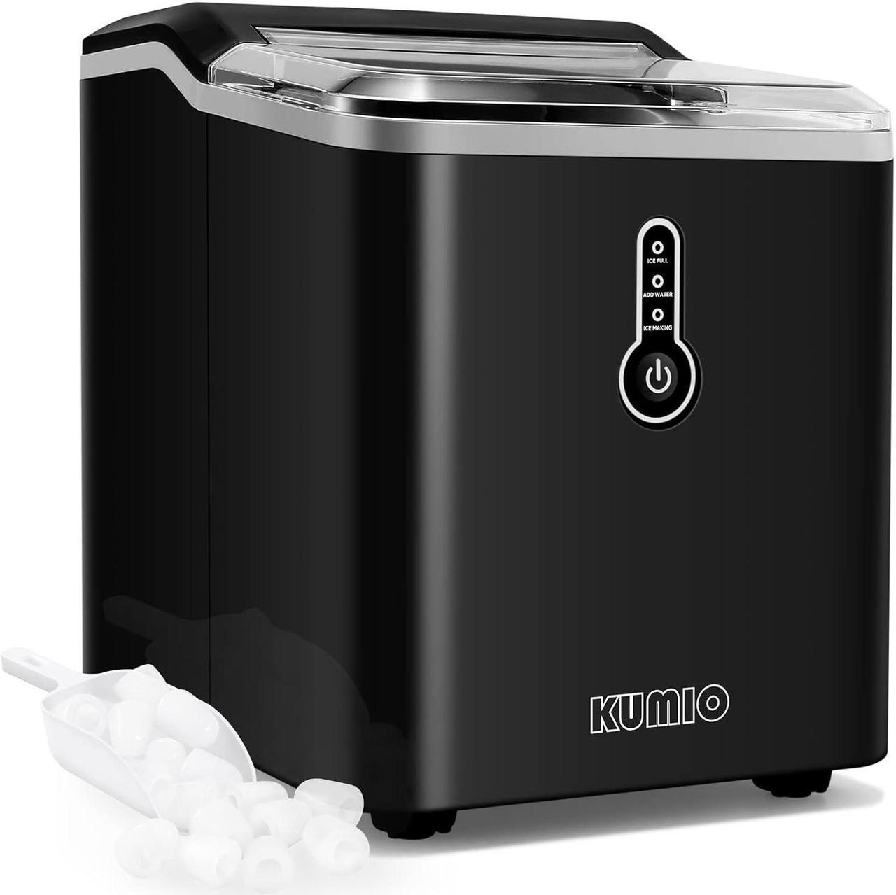 Ice Makers Countertop KUMIO, 9 Thick Bullet Ice Ready in 9 Mins, 26.5Lbs in 24Hrs, Portable Ice Maker with Ice Scoop and Basket, for Home Kitchen Office Bar Party, Black