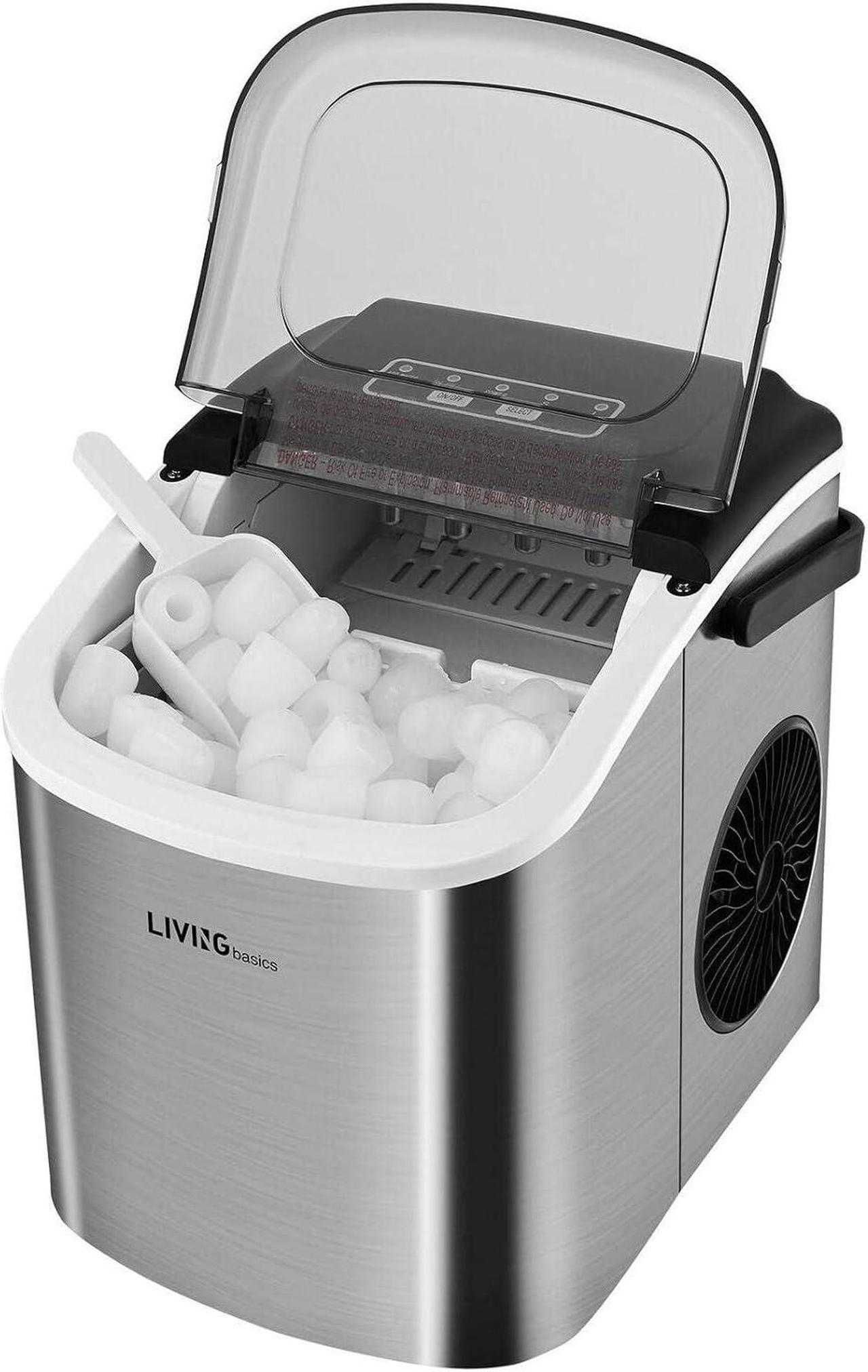 LIVINGbasics Portable Ice Maker, 26lbs in 24 Hours,1.2L Water Tank,9 Cubes Ready in 6 Mins, Stainless Steel with View-Window Countertop Ice Machine for Home Kitchen Office Bar Party