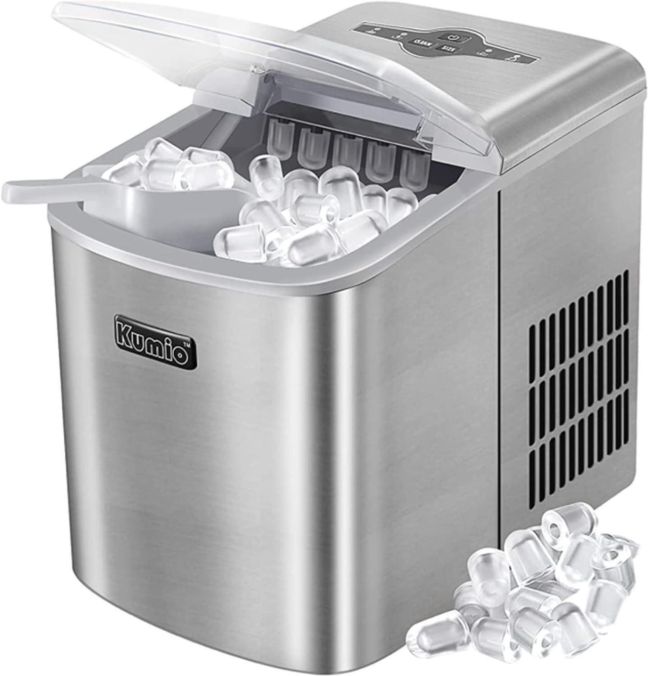 Ice Makers Countertop, KUMIO Stainless Steel Ice Machine 2.1L, 33 Lbs in 24 Hrs, 10 Bullet Ice Cubes Ready in 9 Mins, Self-Cleaning Ice Maker Machine with Scoop and Basket