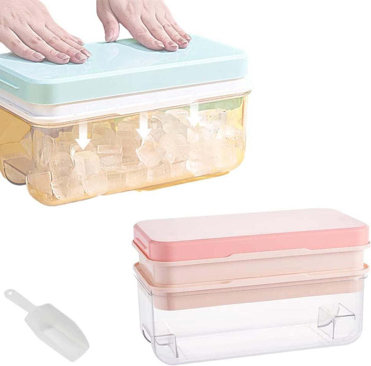 Ninyoon 1 Second Release Ice Cube Tray with Lid and Bin, 2 Tier ice molds Make 64 Ice Cubes Big Capacity Bin for Freezer Including Ice Scoop (Pink)