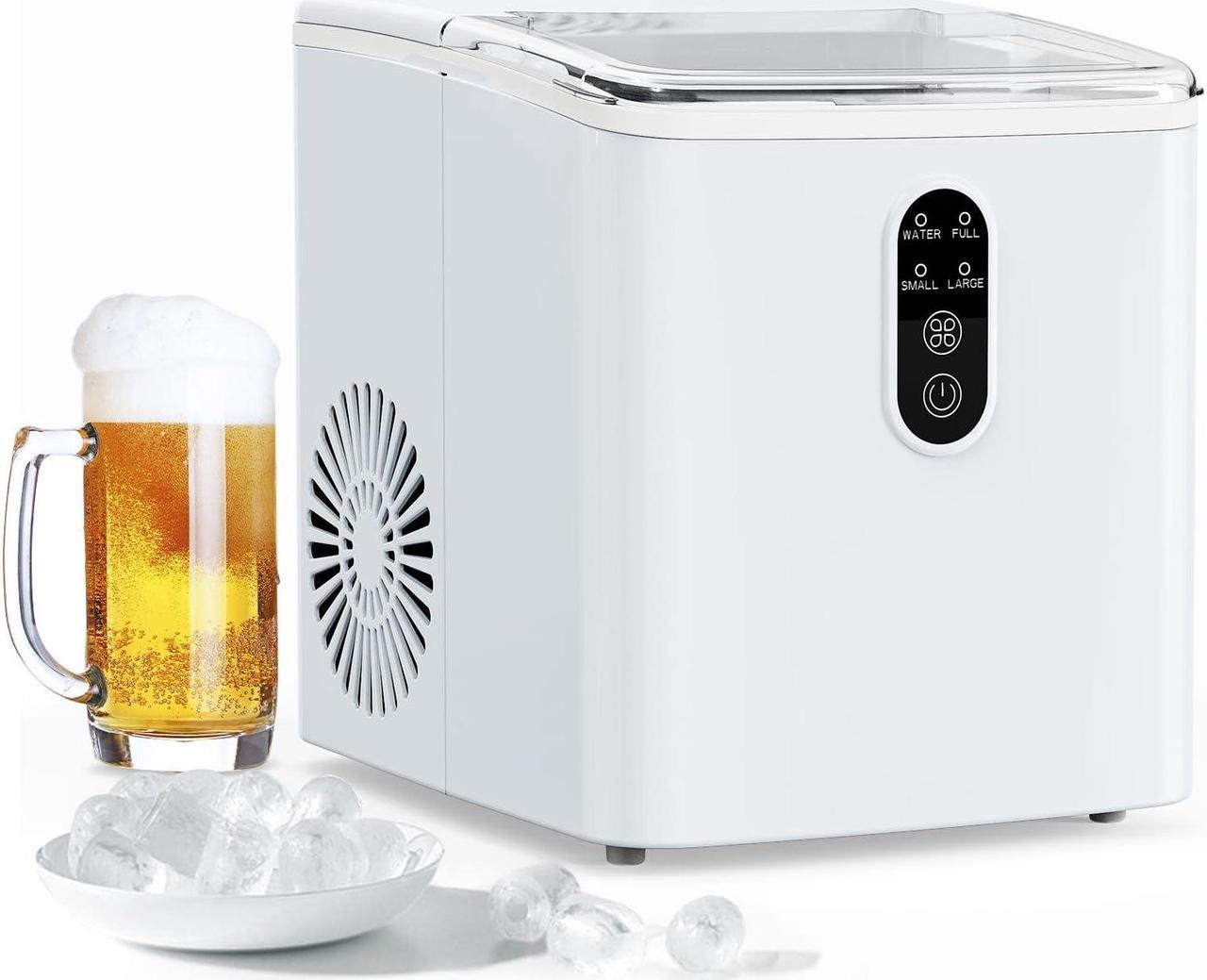 Countertop Ice Maker, Compact Ice Maker Machine, Chewable 9 Bullet Ice Ready in 6 Mins, Make 33lbs ice / 24hrs, Self-Cleaning, 130W, with Ice Scoop, for Kitchen/Office, White