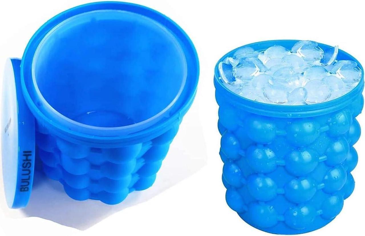 Large 2 in 1 Silicone Ice Bucket & Ice Mold with lid,Silicon Ice Cube Maker Genie, Portable Silicon Ice Cube Maker Blue 13.2X13.2X14CM