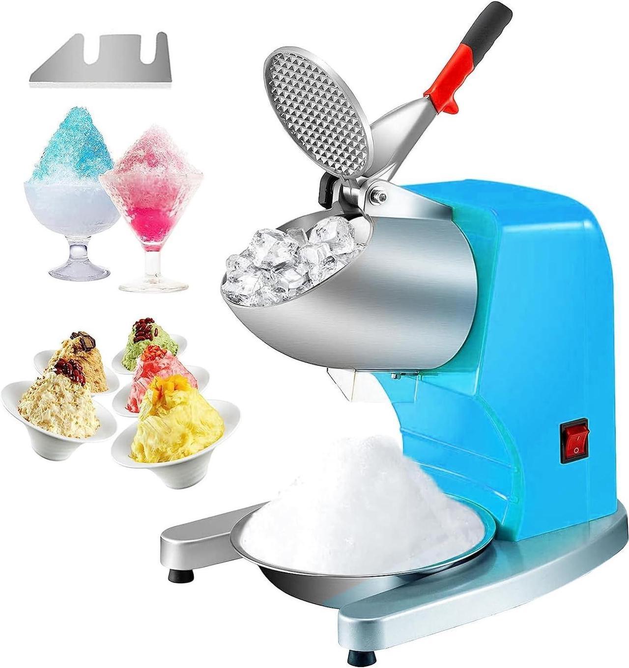 VEVOR Ice Crushers Machine, 220lbs Per Hour Electric Snow Cone Maker with 4 Blades, Stainless Steel Shaved Ice Machine with Cover and Bowl, 300W Ice Shaver Machine for Home and Commercial Use, Blue