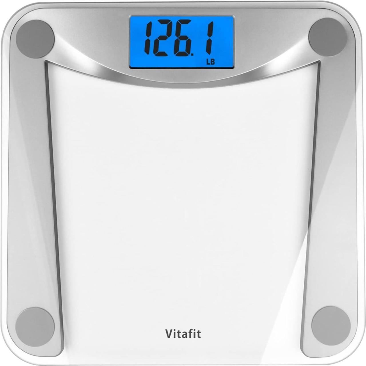 Vitafit Digital Bathroom Scale for Body Weight,Weighing Professional Since 2001,Extra Large Blue Backlit LCD and Step-On, Batteries Included, 400lb/180kg,Clear Glass