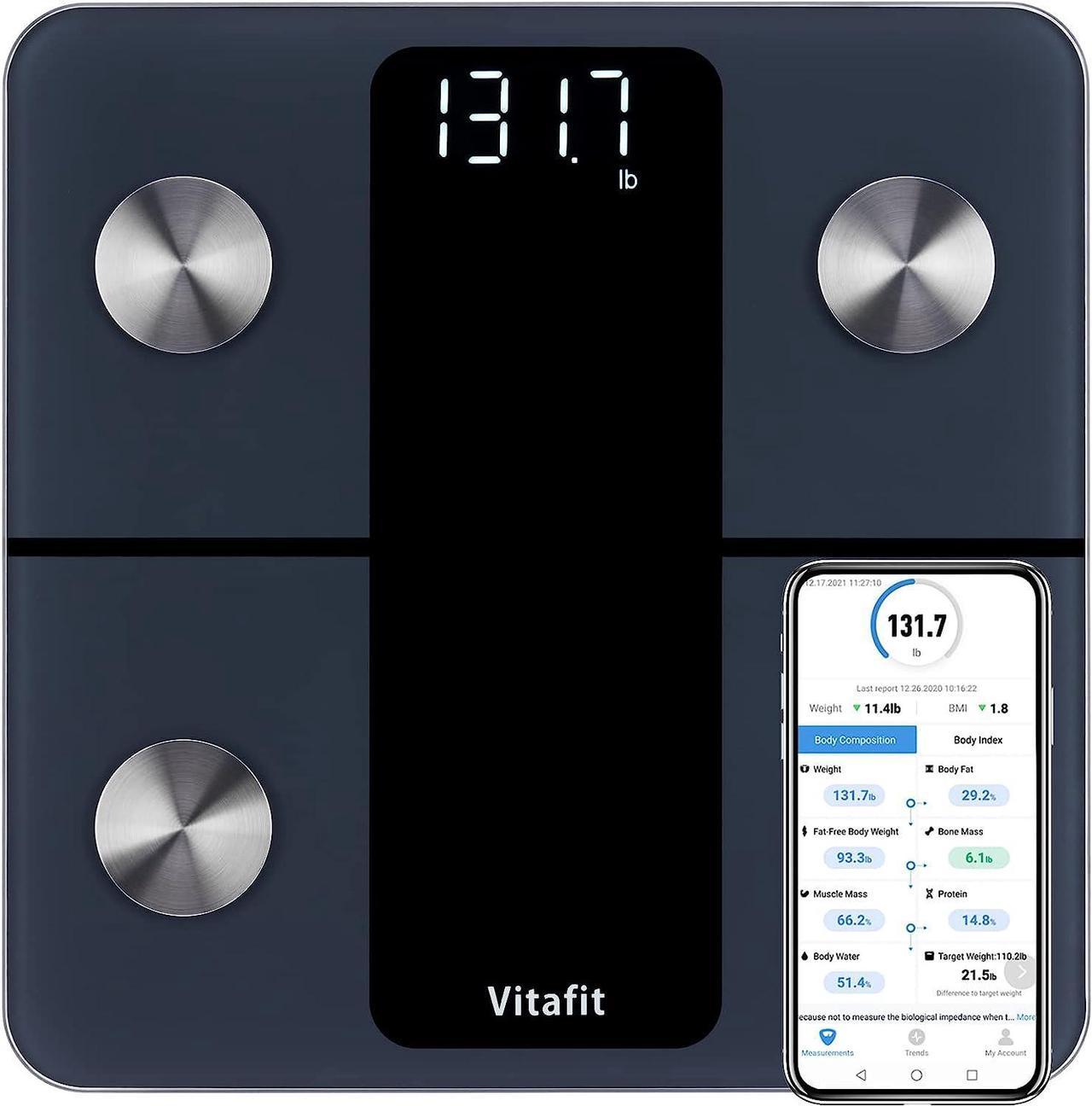 Vitafit Smart Bathroom Scale for Body Weight and Fat, Weighing Professional Since 2001, Digital Wireless Bathroom Scale for BMI Water Muscle Sync App, Fitness Equipment for People, 400lb, Black