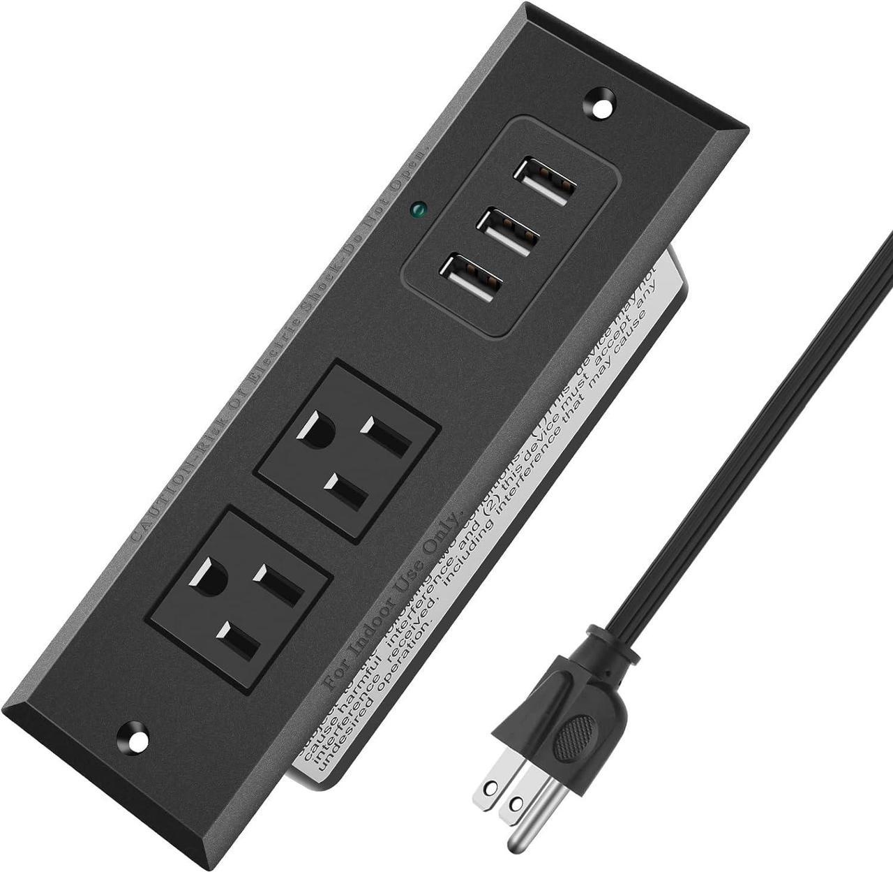 Desktop Power Plug Outlets, Recessed Power Strip Socket with 3 USB Ports, Conference Table Power Outlet with 2 Plugs, 6.5 ft Long Power Cord for Office, Kitchen, Hotel