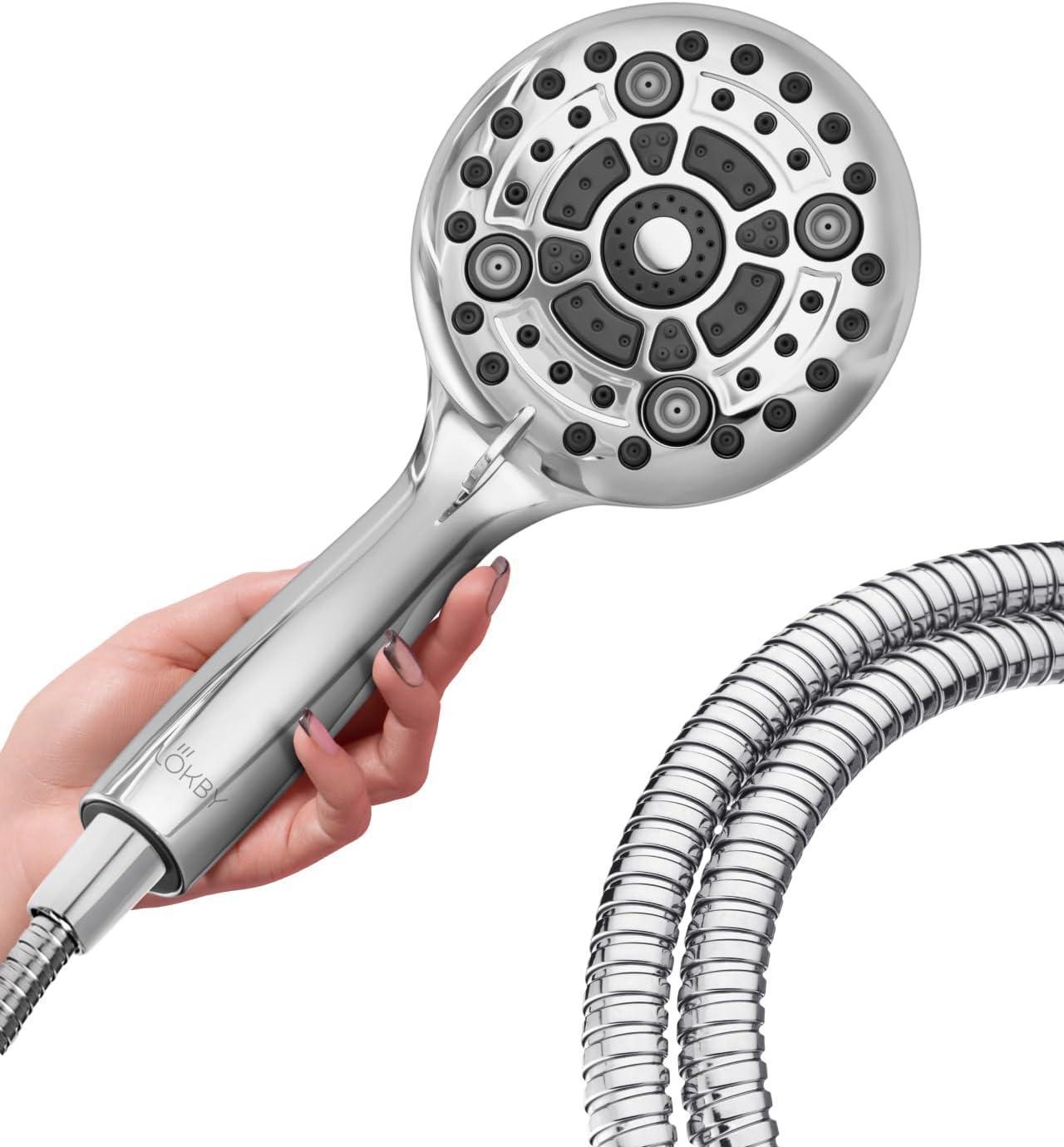 LOKBY High Pressure 6-Settings Shower Head with Handheld - 5'' Powerful Detachable Shower Head Set for low water pressure - 59'' Stainless Steel Hose - Tool-less 1-Min Installation - Chrome