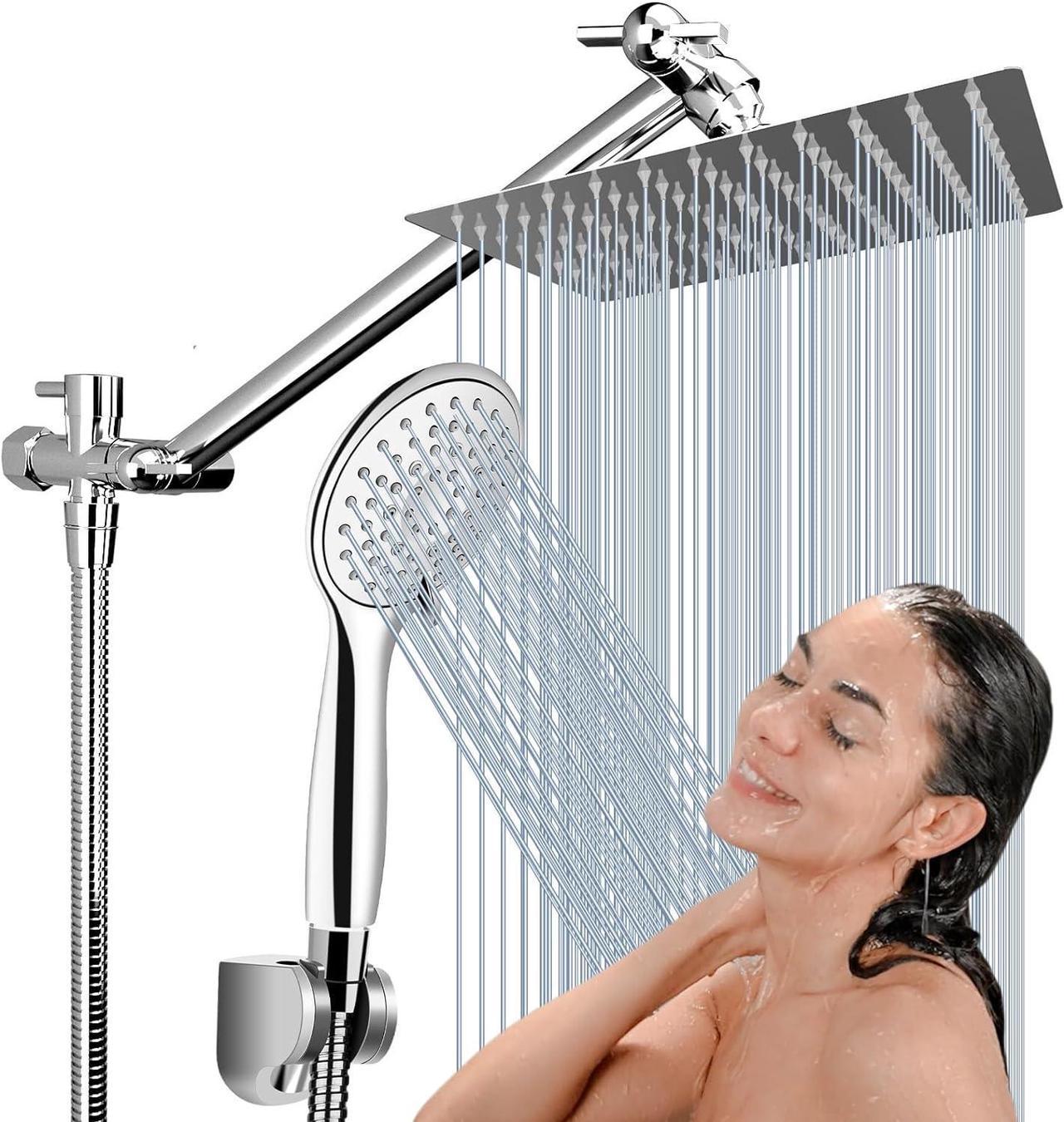 COSYLAND 8'' Rainfall Stainless Steel Fixed Shower Head/Handheld Showerheads Combo 5 Settings with Extension Arm Height/Angle Adjustable, High Pressure Anti-Leak, Chrome