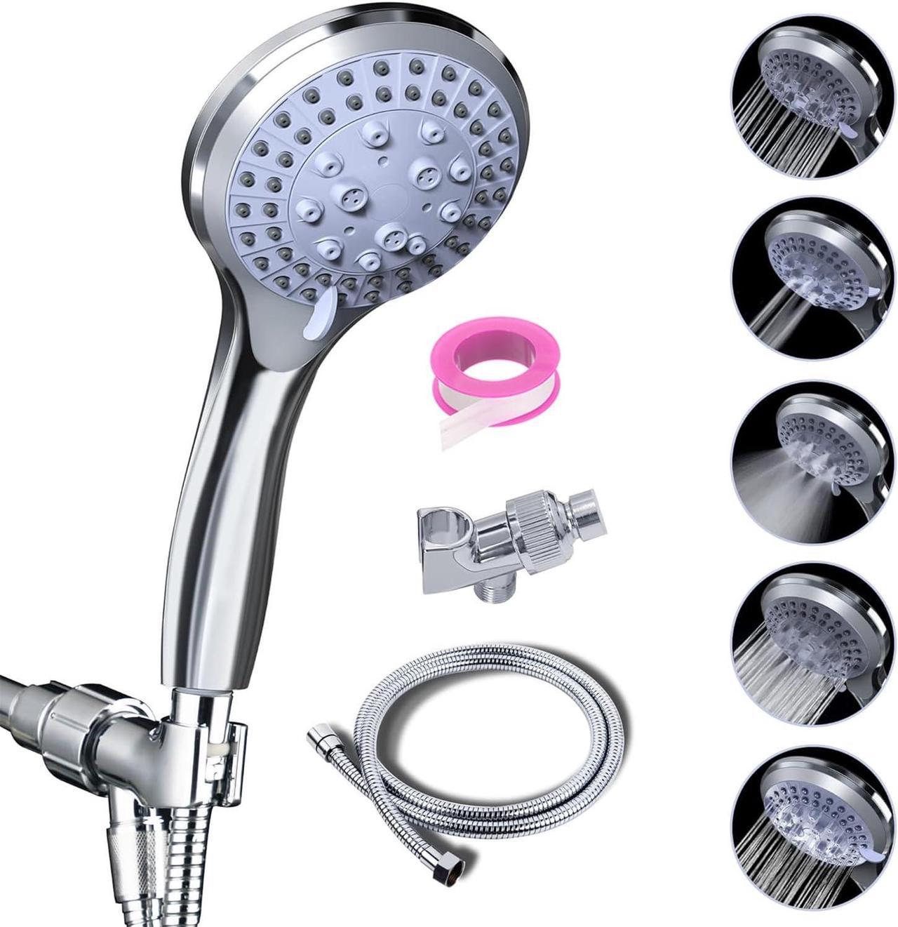 VEHHE Shower Head with Hose, 5 Modes Handheld Shower Head Adjustable, Bathroom Shower with 1.5M Flexible Pipe and Bracket Brass Ball Joint, Detachable High Pressure Showerhead Saving WaterSilver