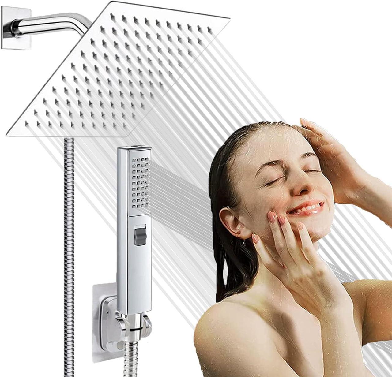 AWAXFOLO Shower Head with Handheld, High Pressure Rain Stainless Steel Square Head. Equipped Explosion Proof 70.87'' Hose, 3 Way Diverter Valve. Handheld Combo. (Chrome) (Aqing01)