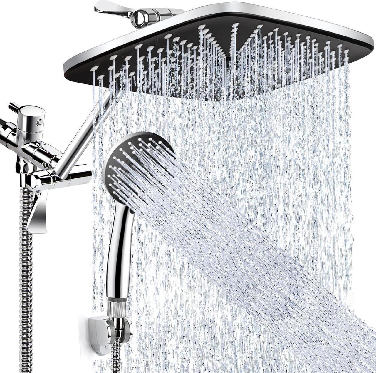 Shower Head 12 Inch, High Pressure Rainfall Shower Head/Handheld Shower Combo with Extension Arm, 6 Settings Anti-Leak Shower Head with Holder, Hose, Height Adjustable Dual Shower Head