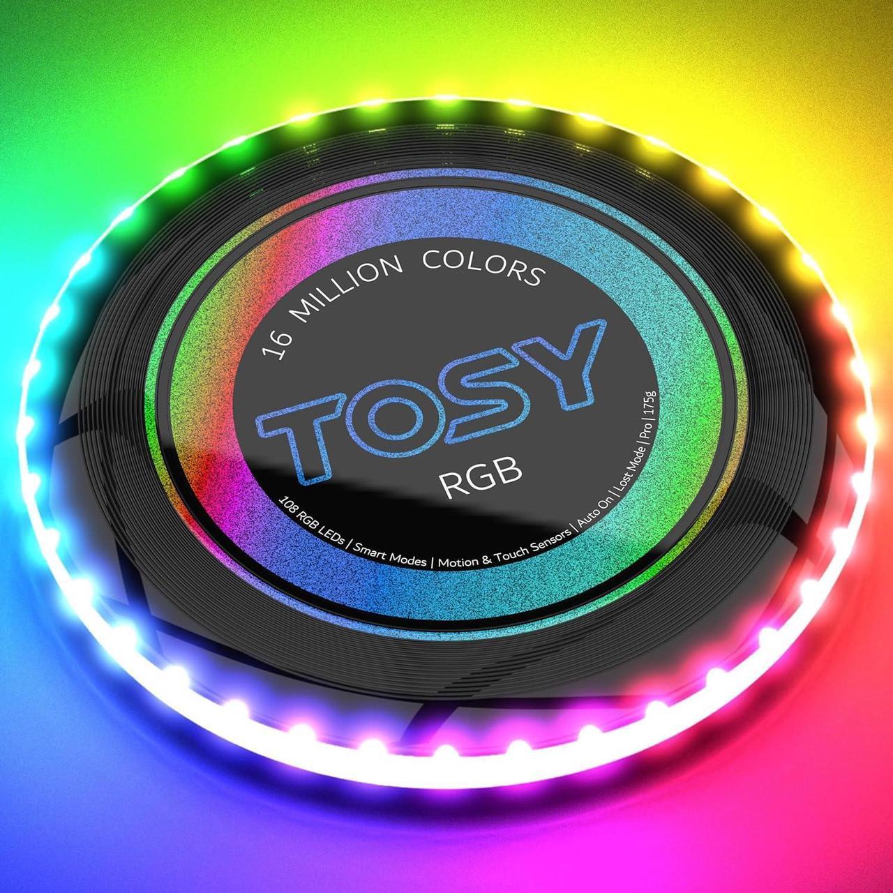 TOSY Flying Disc - 16 Million Color RGB or 36 LEDs, Extremely Bright, Smart Modes, Auto Light Up, Rechargeable, Cool Fun Christmas, Birthday & Camping Gift for Men/Boys/Teens/Kids, 175g frisbee