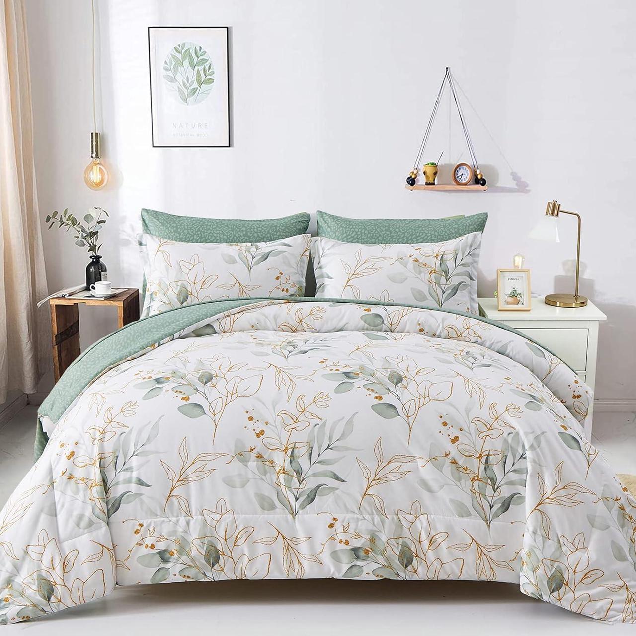 WONGS BEDDING Botanical Comforter Set Queen, 7 Pieces Green Reversible Bed in a Bag Floral Leaves Bedding Soft Microfiber Queen (1 Comforter,2 Pillowcase,2 Pillow Shams,1 Flat Sheet,1 Fitted Sheet)