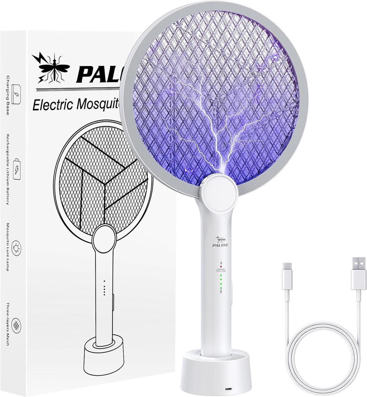 PALONE Bug Zapper Racket, 2 Modes Electric Bug Zapper USB Rechargeable, 4000 Voltage Indoor Outdoor Electric Racket with 3 Layer Safety Mesh