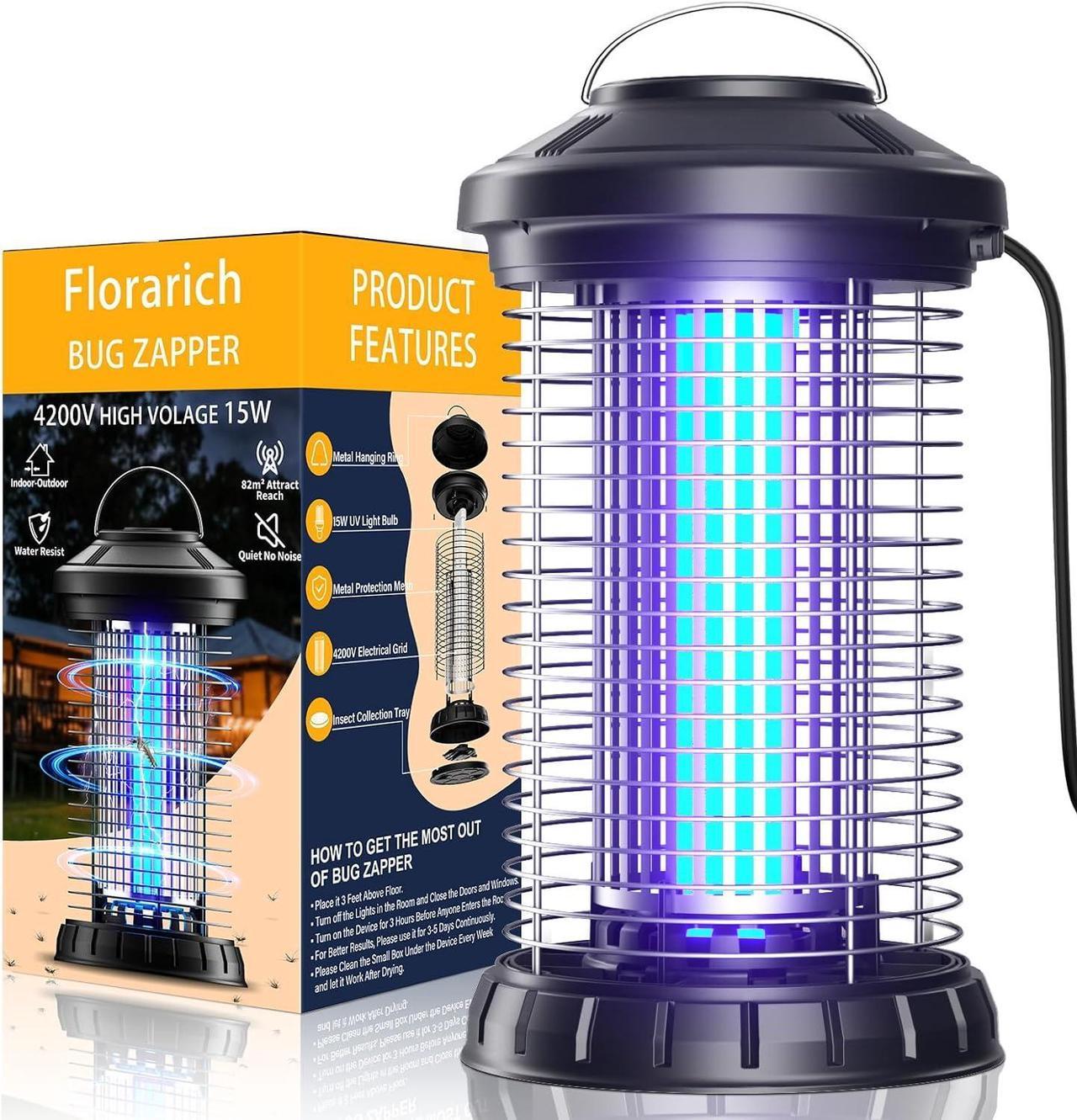 Florarich Bug Zapper Electric Mosquito Zapper with Metal Housing for Outdoor Indoor, 4200V High Powered 18W Waterproof Mosquito Killer Lamp for Home Backyard Patio