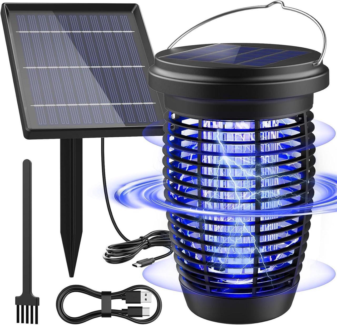 PALONE Solar Bug Zapper Outdoor with Led Light,4500V USB-C Rechargeable 5.5W Solar Panel IPX4 Waterproof Bug Zapper for Garden Camping Outdoor