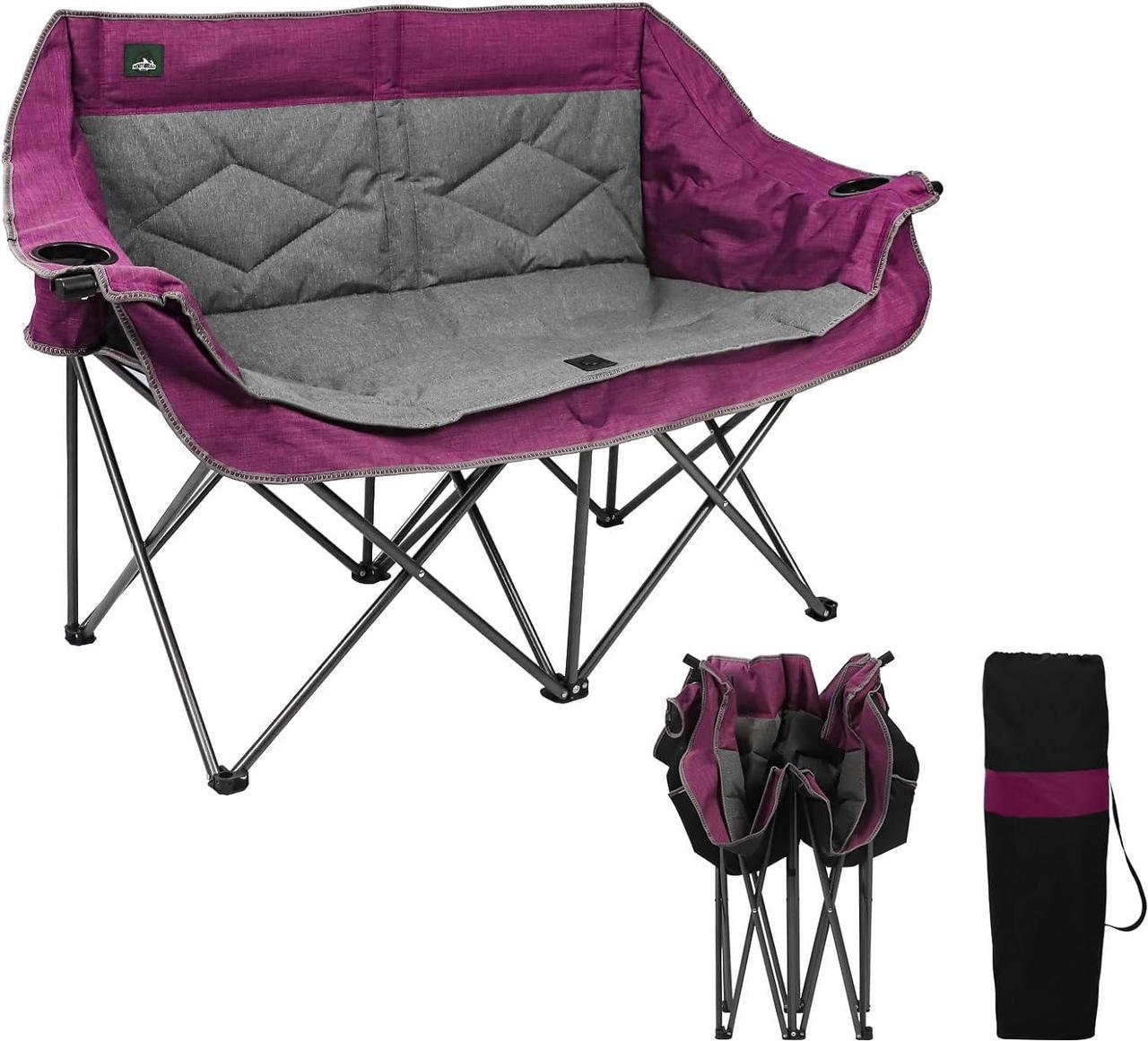 Northroad Folding Loveseat Camping Chair Portable Double Duo Full Padded Garden Chair for 2 Person Sofa w/ 2 Cup Holder,Wine Glass Holder,Mesh Storage,Support 600lbs for Picnic Beach Travel (Purple)