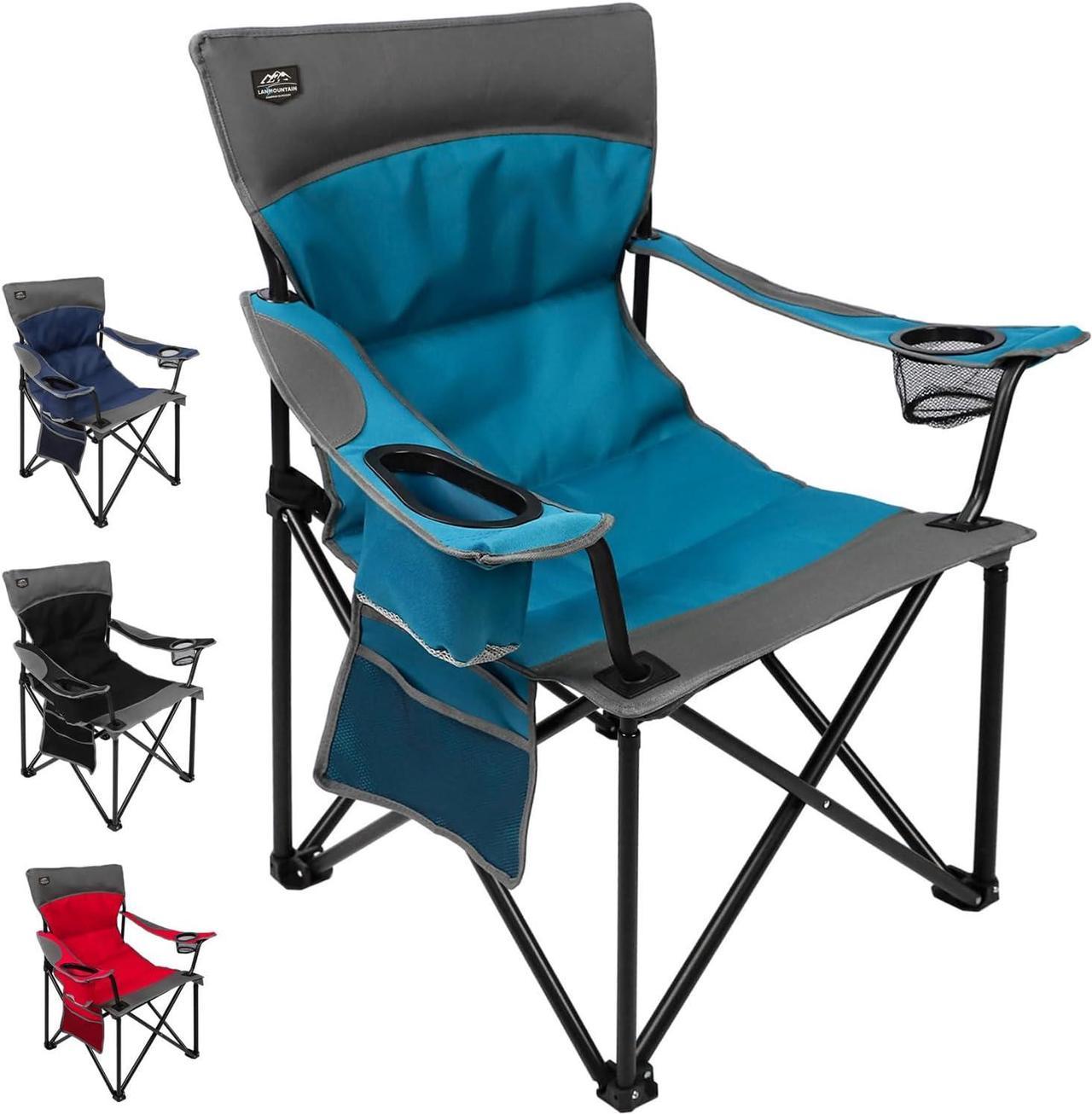 LANMOUNTAIN Oversized Folding Camping Chair,Heavy Duty Padded Portable Lawn Chair w/Extra Large Cup Holder,Side Pocket for Adults Outdoor Sports Hiking Beach Garden Picnic,Blue