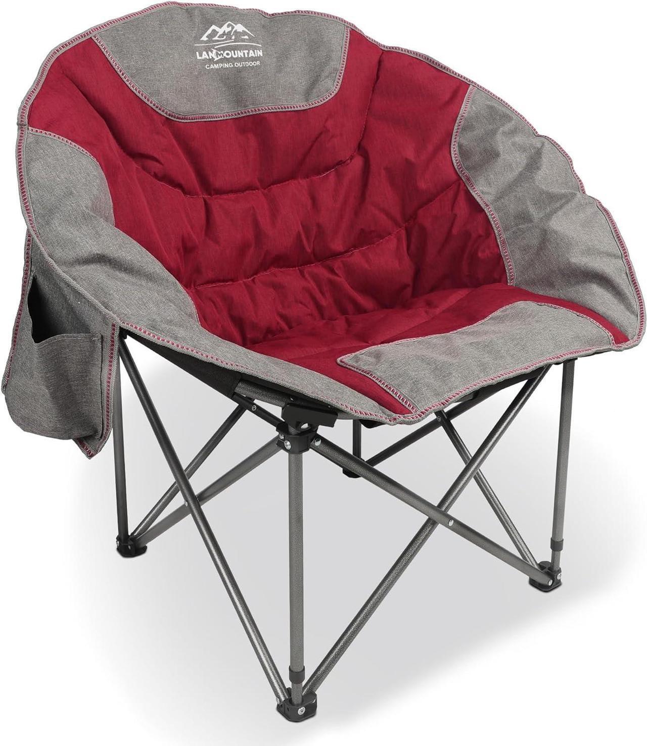 LANMOUNTAIN Portable Moon Camping Chair,Round Folding Lawn Chair with Cup Holder,Cooler Bag,Outdoor Heavy Duty Comfy Chairs,Perfect for Family Camping,Hiking,Picnics and Beach Trips,Red