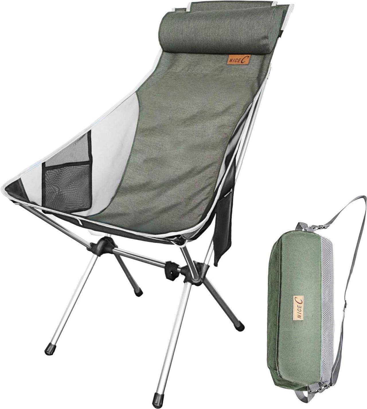 Nice C Camping Chair, Chaise Camping, Folding Chair High Back, Backpacking Chair, Compact & Heavy Duty Outdoor, Travel, Picnic, Festival with 2 Side Pockets, Pillow &Carry Bag (Set of 1 Green)