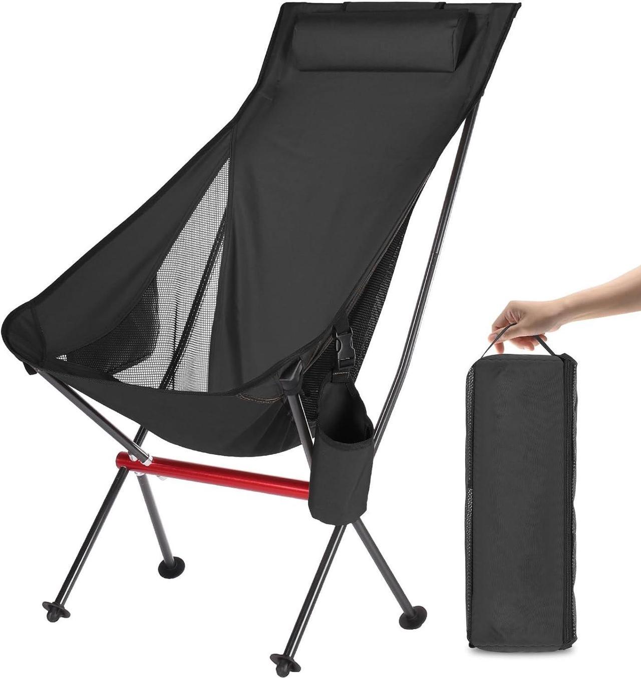 OKYUK Camping Chair, High Back Portable Folding Chair, Aircraft Grade Aluminum Alloy Structure, Built-in Pillow, Side Pocket & Carry Bag, Compact & Heavy Duty for Outdoor Backpacking (Black)