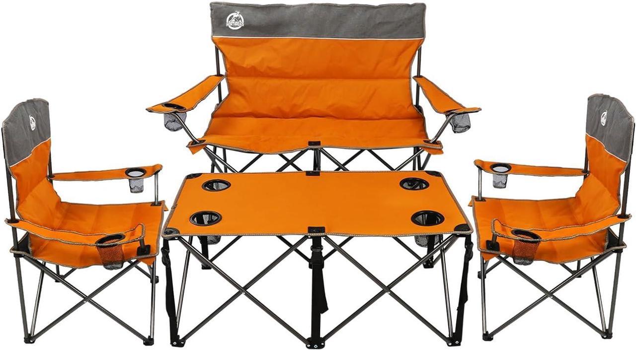 Northroad 4pcs Outdoor Folding Padded Camping Chair Set w/1 Loveseat Chair,2 Single Chairs, 1 Table,Portable Collapsible Conversation Set w/Carry Bag for Family Patio, Travel,Beach(Orange)