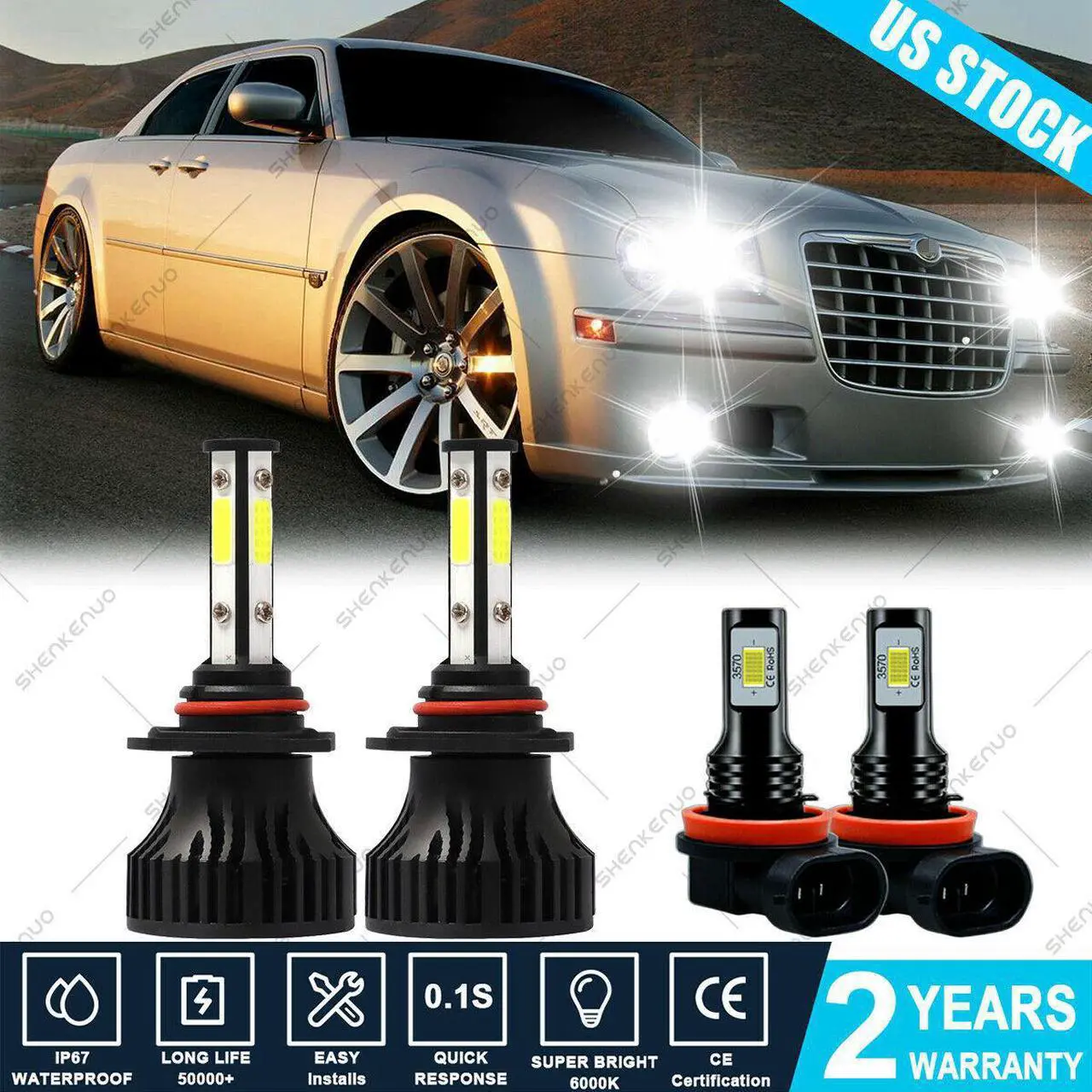 Main image of For Chrysler 300 2011 2012 2013 2014 6000K LED Headlight + Fog Light Bulbs Combo