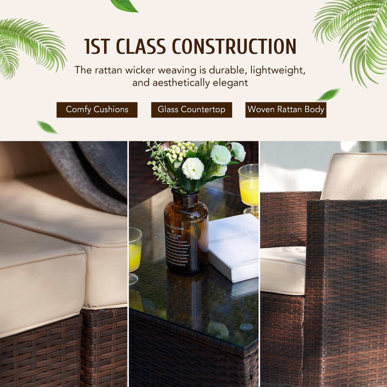 Alt view image 4 of 6 - 5pc Outdoor Set Wicker Sectional Sofa Chairs Love Seats and Table Walnut  Beige