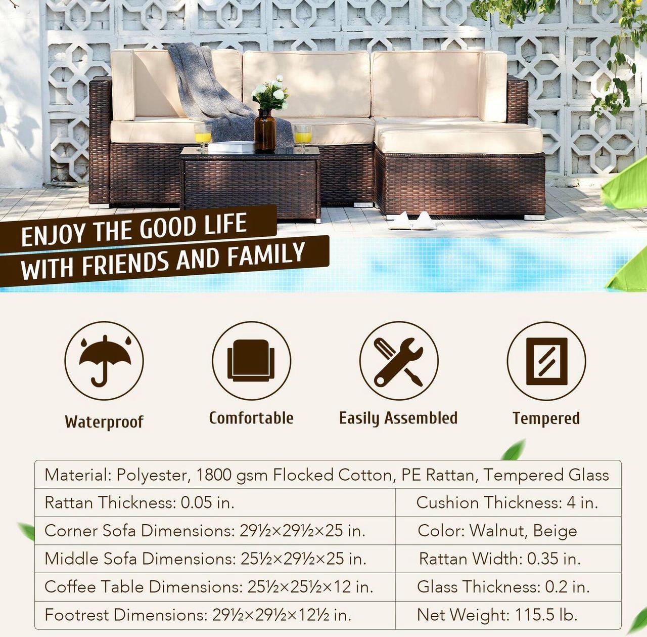 Alt view image 2 of 6 - 5pc Outdoor Set Wicker Sectional Sofa Chairs Love Seats and Table Walnut  Beige