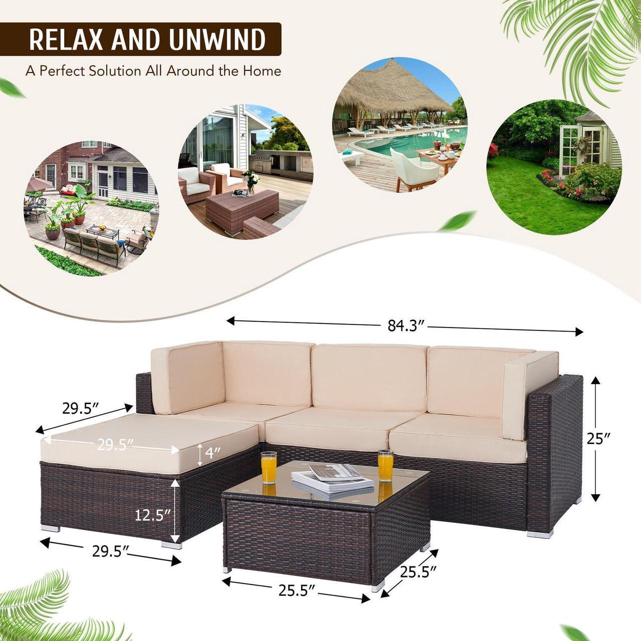 Alt view image 3 of 6 - 5pc Outdoor Set Wicker Sectional Sofa Chairs Love Seats and Table Walnut  Beige