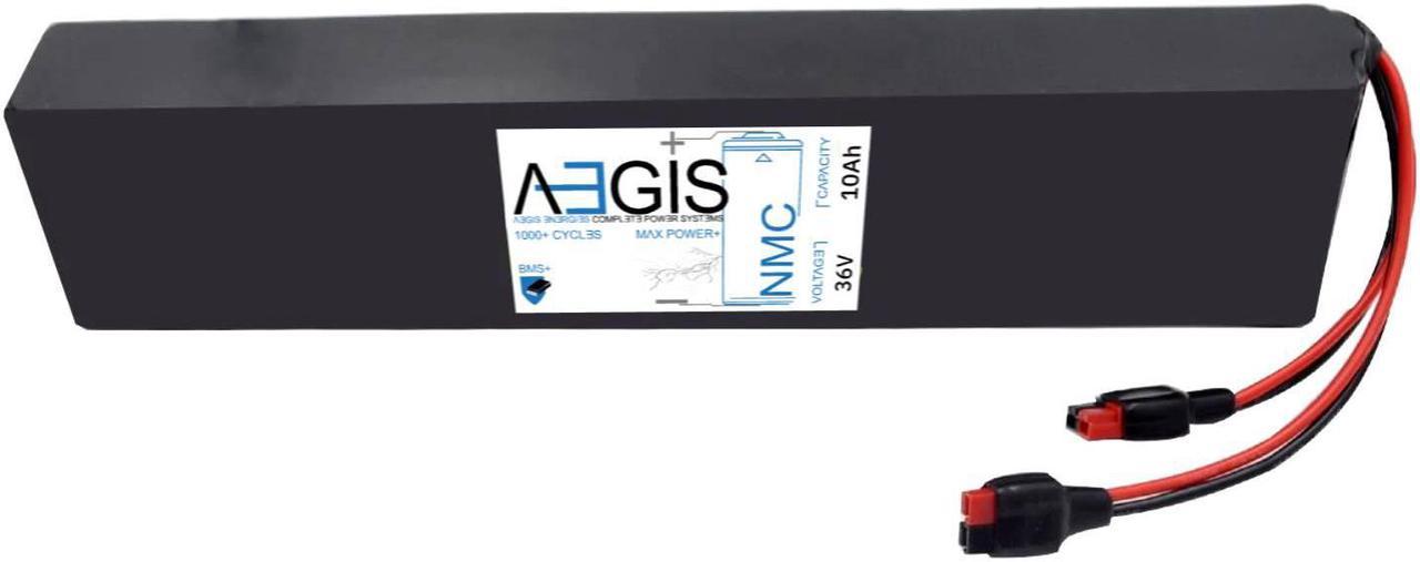 Aegis Battery 36V 10Ah Long Li-ion Battery is a state of the art rechargeable battery pack made w/18650 cells designed for 36V devices for e-scooters, e-bikes, solar applications, robots, and more!